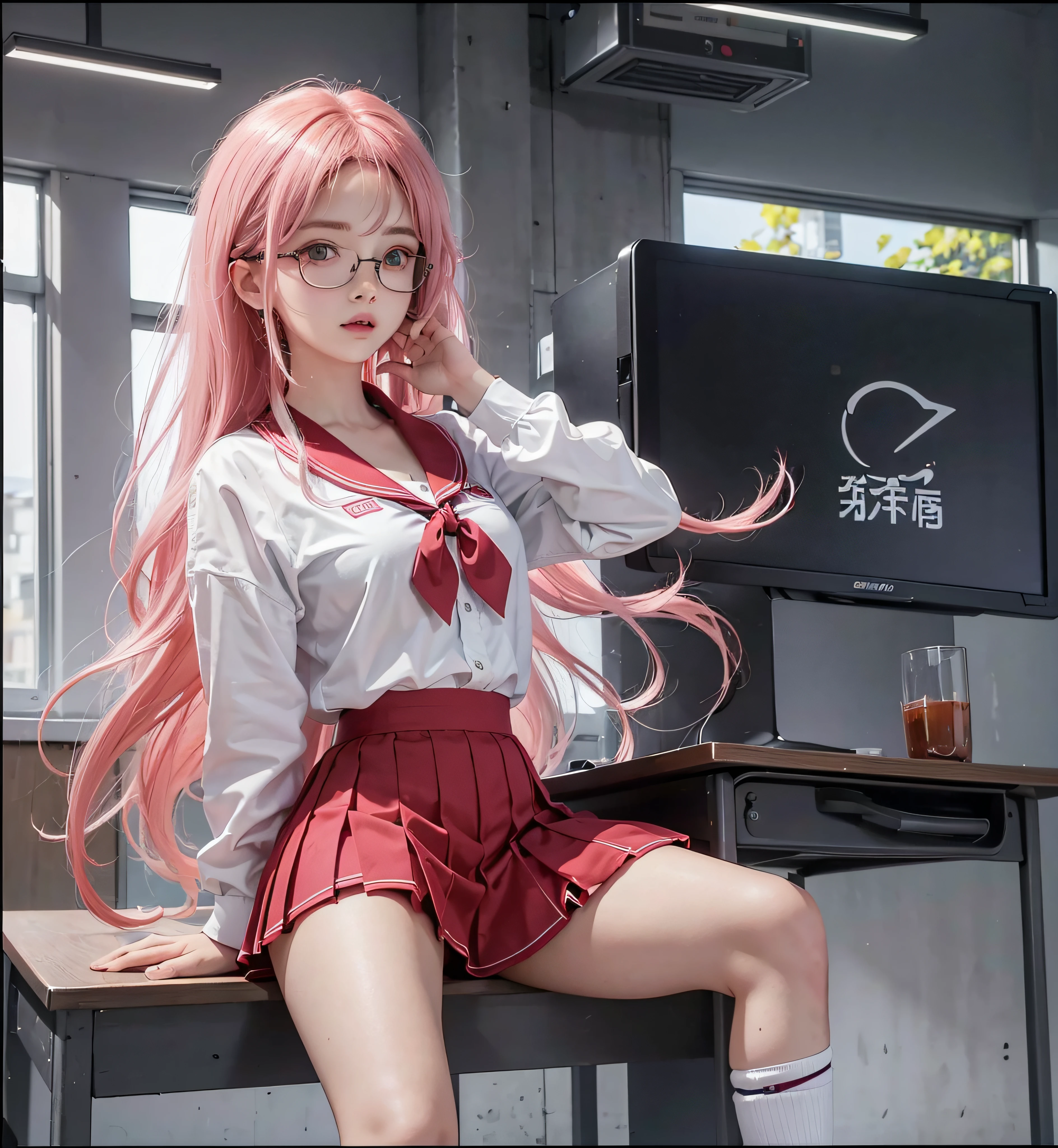 1girl, Ai Mie do anime 'The Girl I Like Forgot Her Glasses', Uniforme escolar, saia vermelha, camisa branca e vermelha, fita amarela no colarinho, meias pretas na coxa, long fluffy messy hair, cor de cabelo rosa desbotado, Olhos bonitos, olhos rosa desbotados e dourados, sobrancelhas franzidas, apertando os olhos no espectador, sitting at desk, coxas grossas e molengas, Sala de aula da escola, perfil lateral, Olhando para o Viewer, 8k, absurdos, master part,