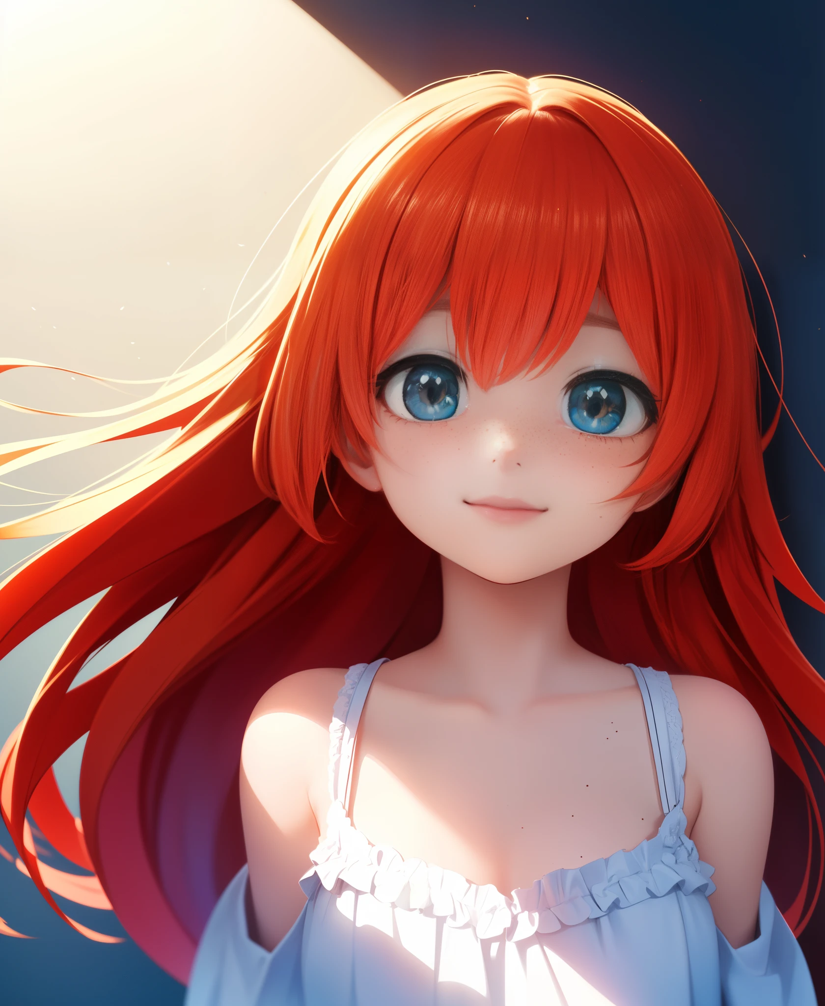 (high-quality, masterpiece:1.2, close portrait, 8k full HD, anime illustration) of a (***********), (long hair, redhead, pretty face, cute smile, freckles), (half body, dynamic angle, most detailed illustration), (ecstasy of light and shadow, volumetric light and shadows:1.2), (contest winner illustration)