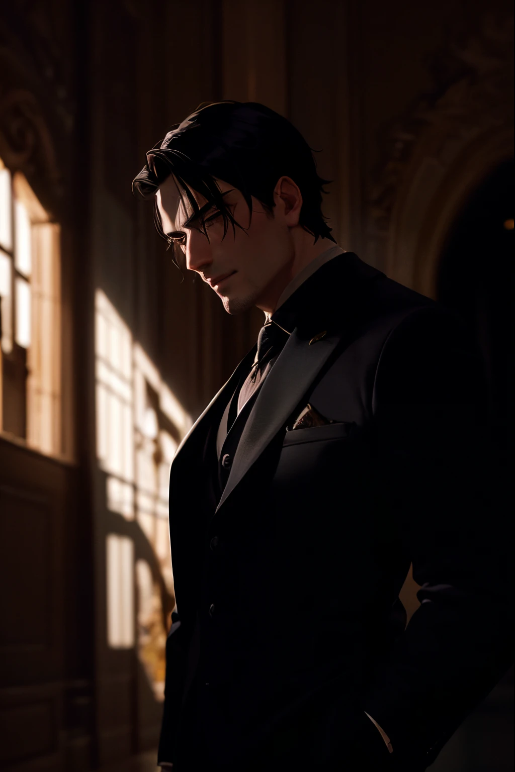 Arafed man in suit and tie standing in dark room, guapo vampiro masculino, moody cinematic lighting, dramatic cinematic portrait, Foto de perfil, Damon Salvatore, cinematic outfit photo, epic and classy portrait, Retrato disparado 8K, Hombre guapo, Silas, vampiro masculino, Castelvania, photo session, traje oscuro, Cinematographic bust shot, Estilo Neo Black, sun behind him