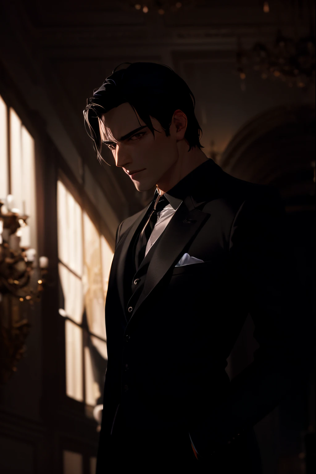 Arafed man in suit and tie standing in dark room, guapo vampiro masculino, moody cinematic lighting, dramatic cinematic portrait, Foto de perfil, Damon Salvatore, cinematic outfit photo, epic and classy portrait, Retrato disparado 8K, Hombre guapo, Silas, vampiro masculino, Castelvania, photo session, traje oscuro, Cinematographic bust shot, Estilo Neo Black, sun behind him