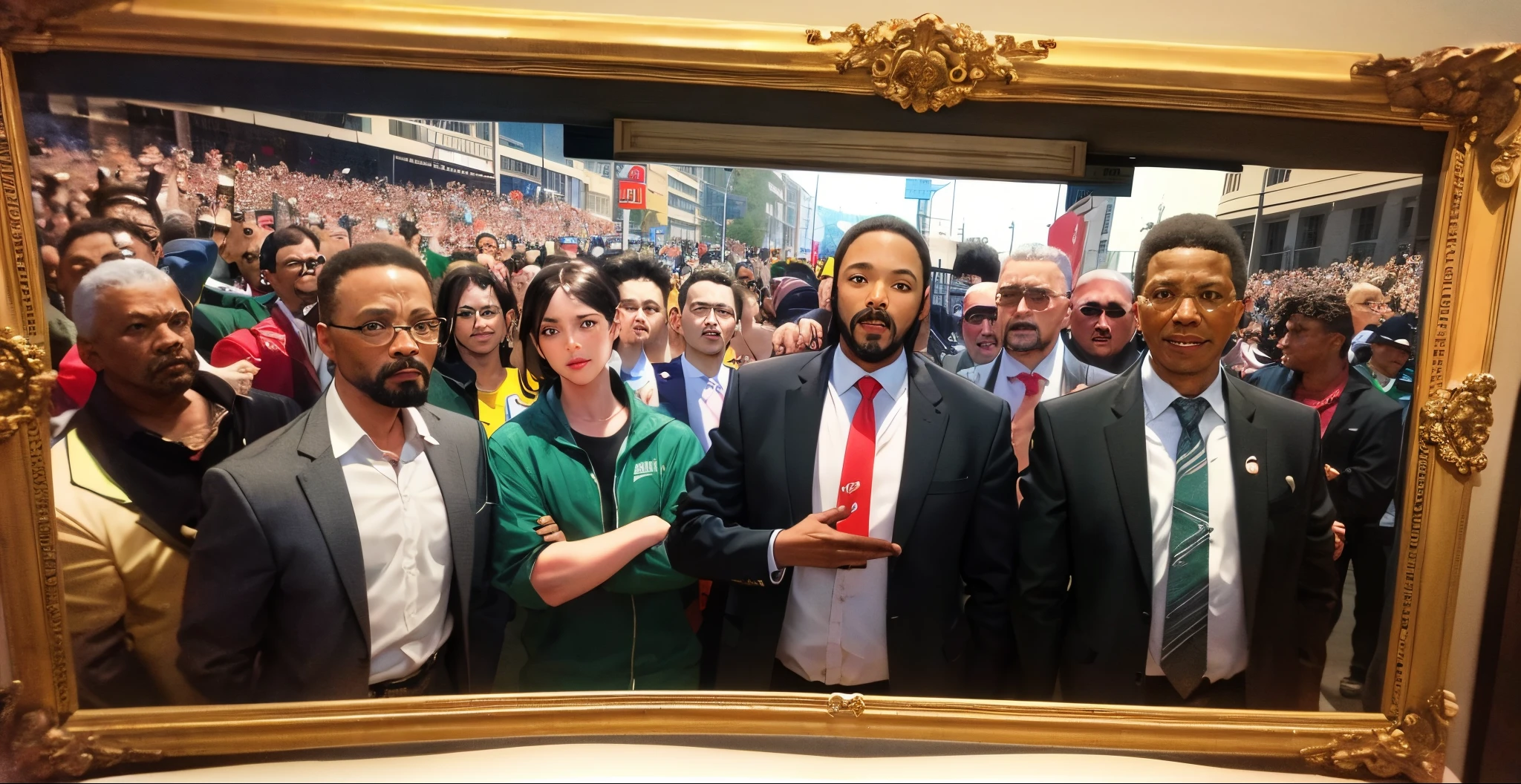 Martin Luther King, Malcolm X, Tupac, Bob Marley, Nelson Mandela in a riot, photo frame, realistic, 3d render