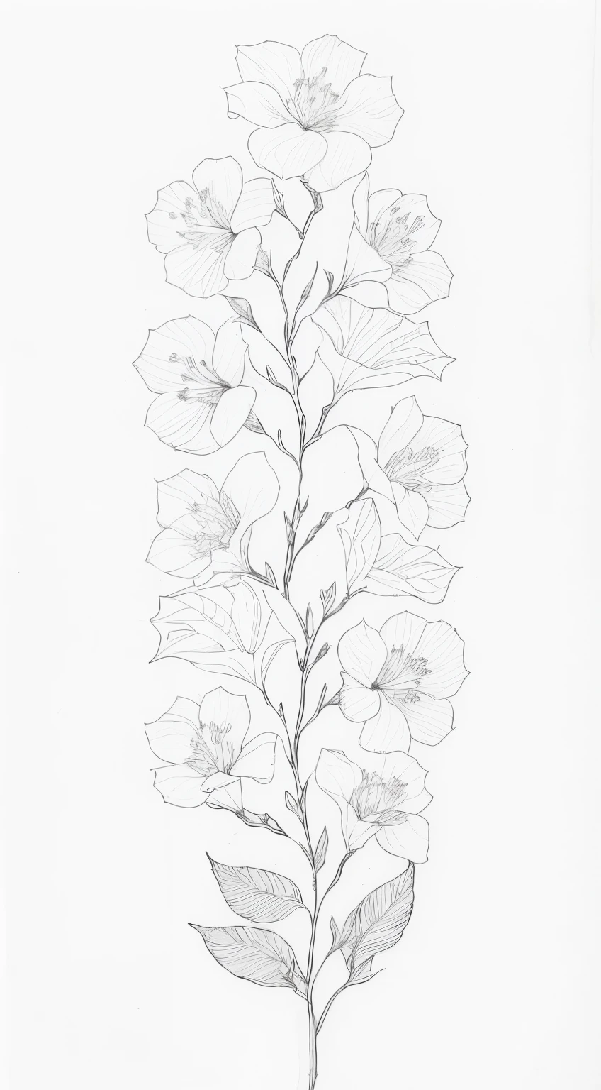 a drawing of a flower with leaves on a white background, outline drawing, outline art, outline sketch, perfect pen and ink line art, line drawing tattoos, simple line art, higly detailed black ink outline, romantic simple path traced, black ink outline, long petals, ink outline, line art - n 9, extremely fine ink lineart, black ink line art, thick lines