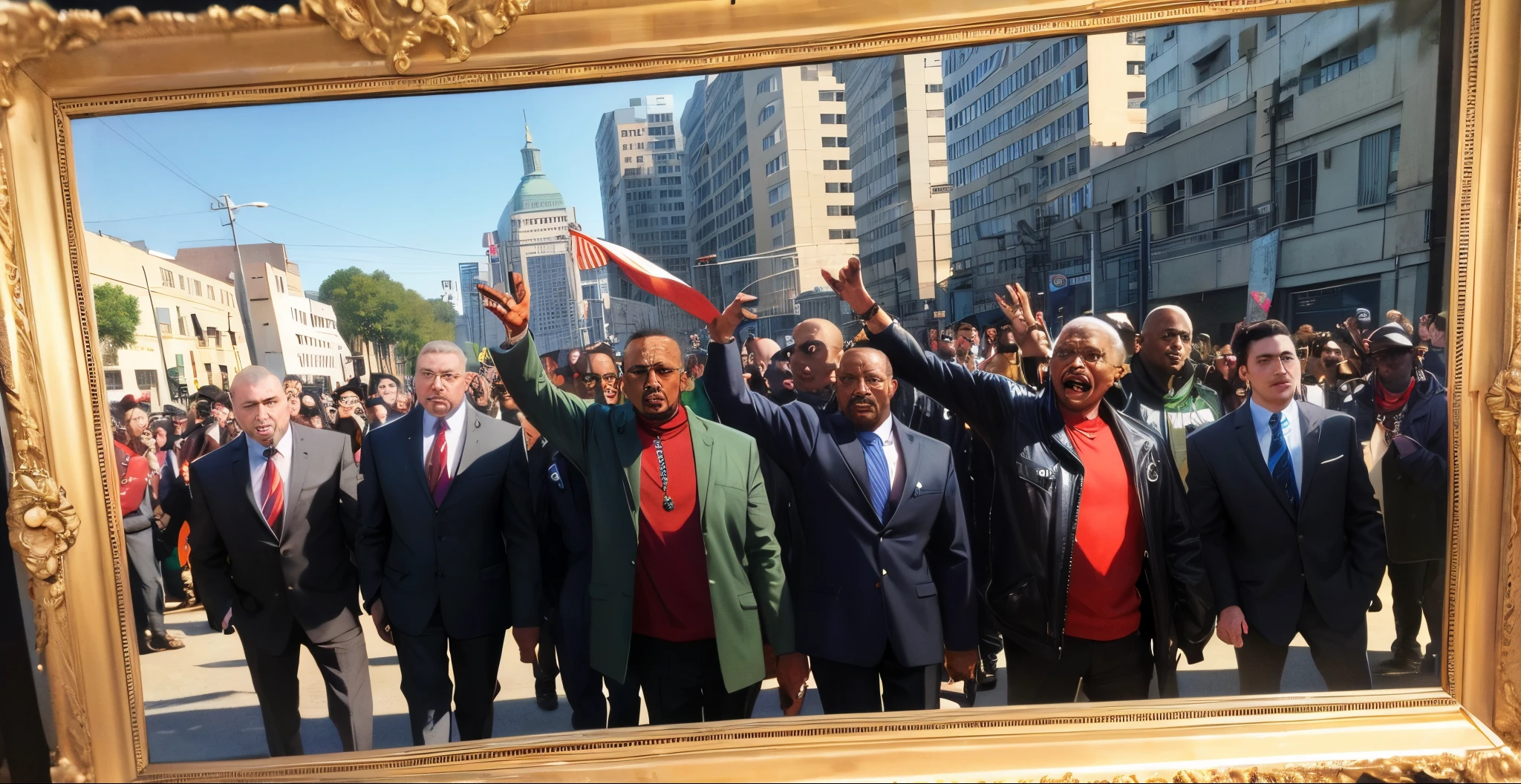 Martin Luther King, Malcolm X, Tupac, Bob Marley, Nelson Mandela in a riot, photo frame, realistic, 3d render