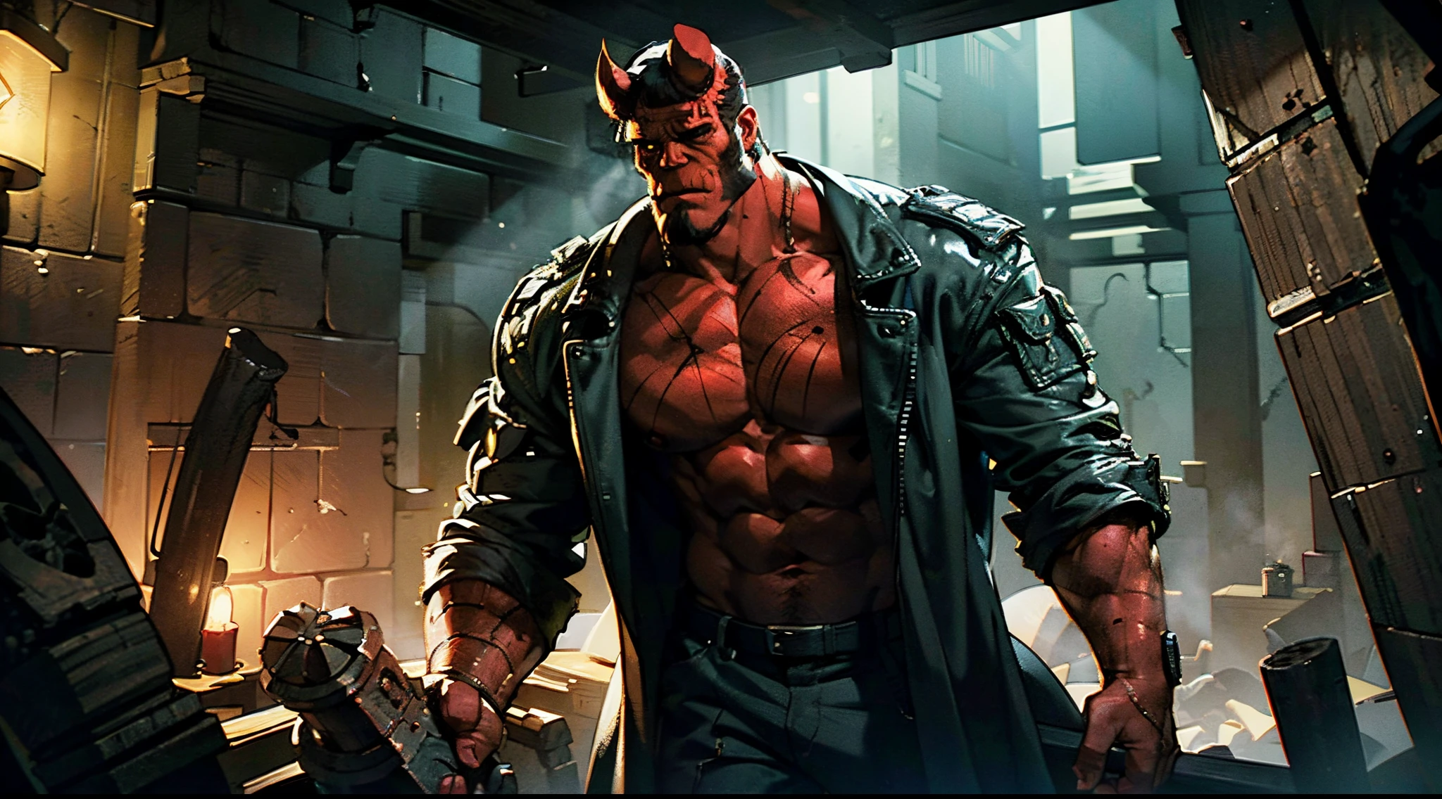 Explore the dark and gritty world of Hellboy through the iconic art style of Mike Mignola. From the sharp lines to the haunting shadows, bring this unique vision to life in your own AI-generated image. The scene depicts Hellboy, with his broken horns, standing in a desolate alleyway illuminated by dim, flickering streetlights. The image should be ultra-detailed, with every intricate detail captured in 8K resolution. Ron Perlman's portrayal of Hellboy should be in full HD, capturing his rugged features and stoic expression. The mood should be NSFW (Not Safe for Work), with intense HDR (High Dynamic Range) and UHD (Ultra High Definition) lighting, enhancing the dramatic atmosphere and highlighting the grittiness of the scene