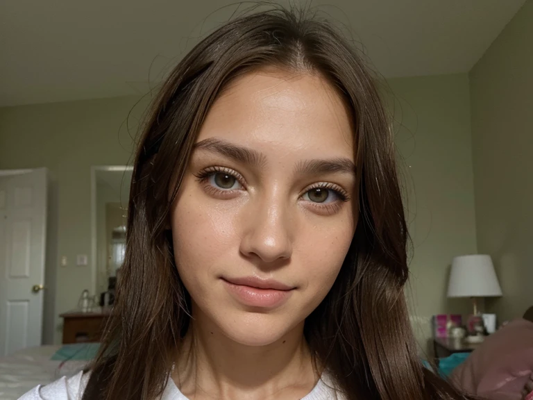 (Please generate an image of a young woman wearing a t shirt and a necklace. She has black hair, big, brown eyes, and a subtle, natural makeup look. The selfie should show her without visible makeup, and she should be looking directly into the camera. The face should appear realistically natural. The full-body shot of this attractive woman should feature a striking pose, and she has piercing blue eyes. The girl has a sweet demeanor, and the pose should also be sweet. Please ensure that the entire body of the woman is visible in the image. The background should be clear and uncluttered. The details of the image should be of high quality(best quality)), ((masterpiece)), (detailed), perfect face