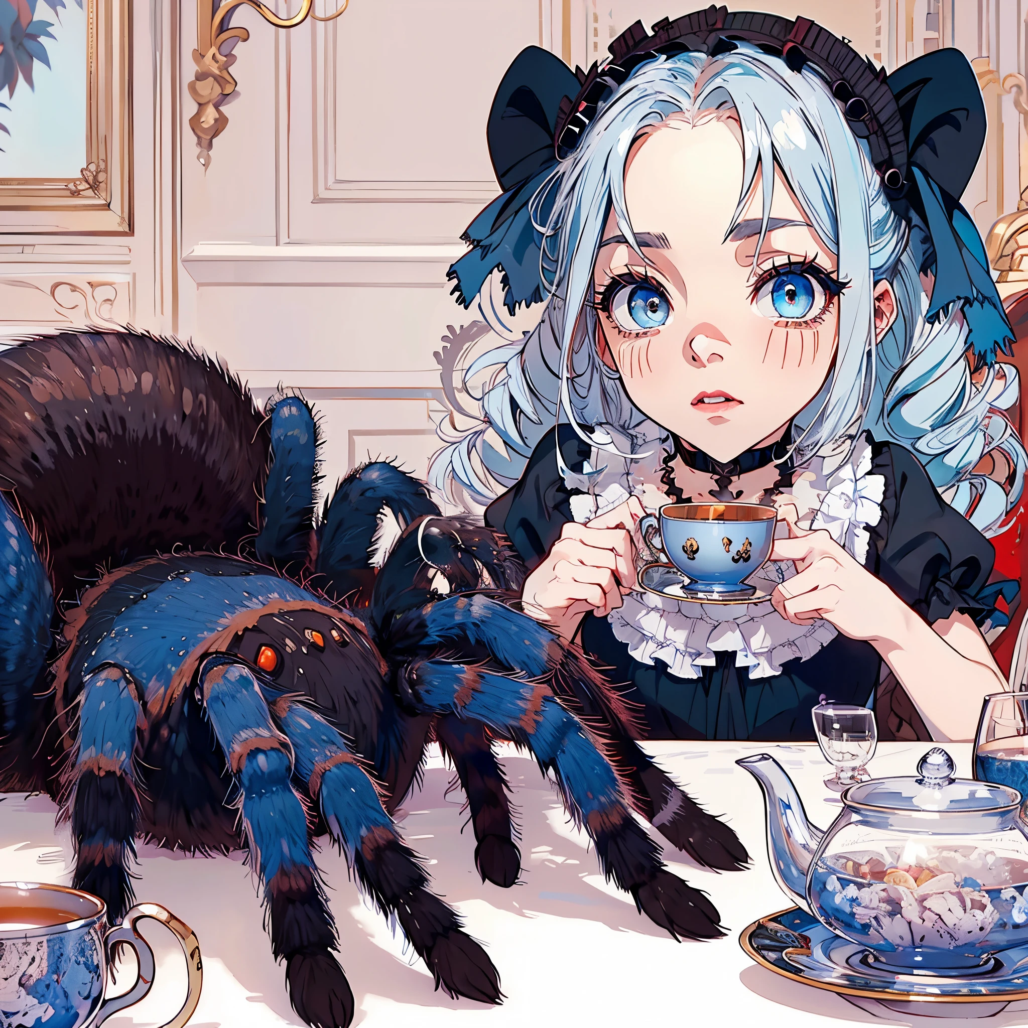 A girl and a big tarantula. A black and blue glossy tarantula. The girl's eyes are red. Tea party. Inside the mansion.