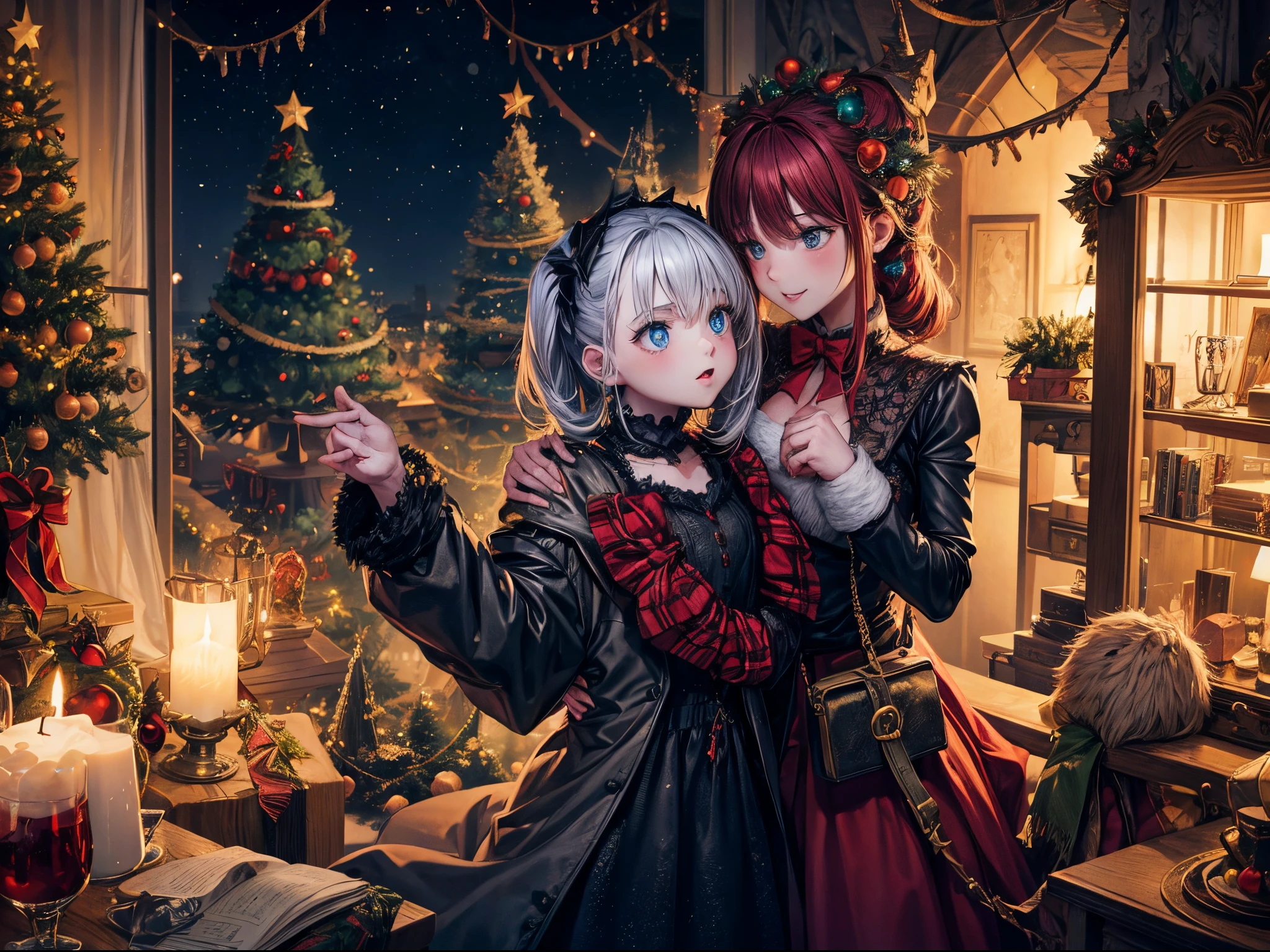 A dark and whimsical Christmas scene in the style of Tim Burton, featuring eccentric characters and twisted holiday decorations.