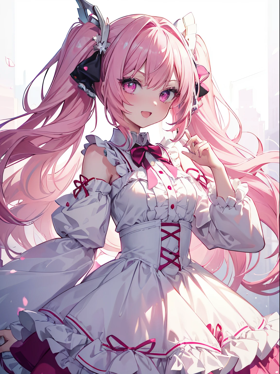 masutepiece, Highest Quality, (Perfect face:1.1), (high detailing:1.1), (ultradetailed eyes), Dramatic, superfine illustration, Extremely detailed,1girl in, (pale skin),Smile, Open mouth,gloweyes,pinkhair, (Twin-tailed),Ethereal eyes, pink eye,(light eyebrow),blush, Solo,Pouty lips,Cinematic lighting,Cowboy Shot,(theme:Pink 1:1)ta clothes,frilld, bow ribbon, Pink, Long sleeve,White background