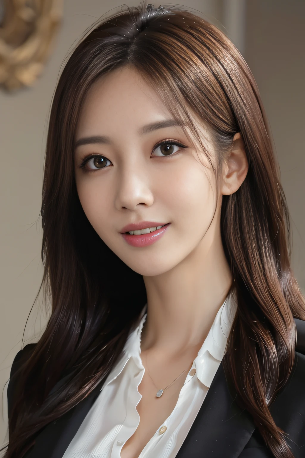 masutepiece, Best Quality, Photorealistic, Ultra-detailed, finely detail, High resolution, 8K Wallpaper, 1 beautiful woman,, light brown messy hair, in a business suit, foco nítido, Perfect dynamic composition, Beautiful detailed eyes, detailed hairs, Detailed realistic skin texture, Smiling, Close-up portrait, Model body type