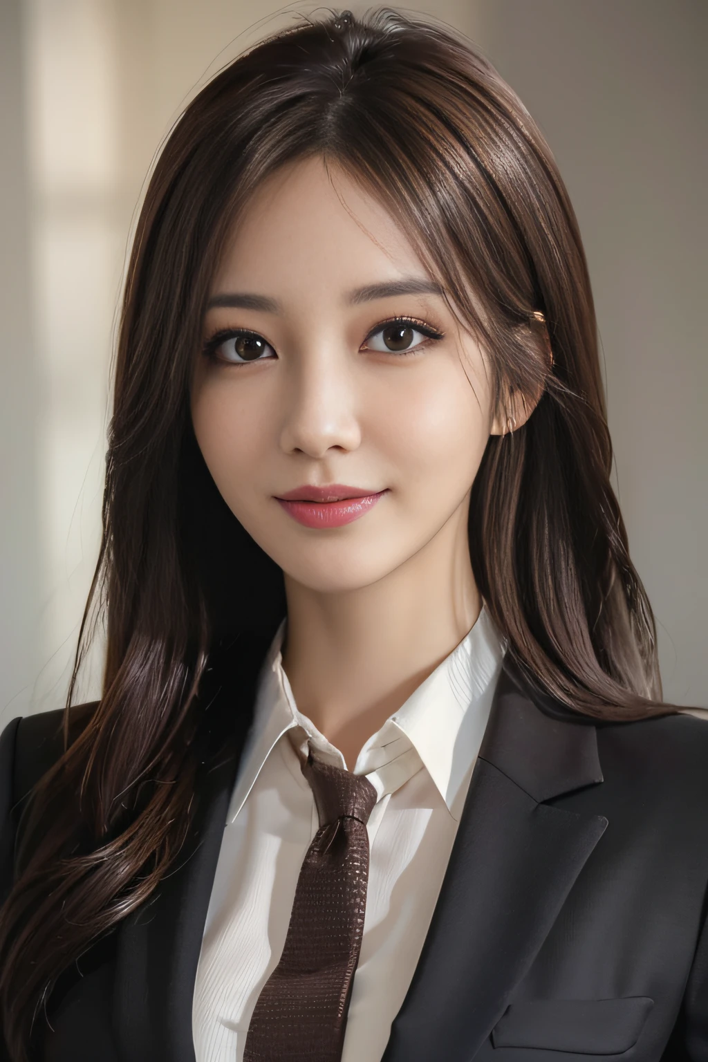 masutepiece, Best Quality, Photorealistic, Ultra-detailed, finely detail, High resolution, 8K Wallpaper, 1 beautiful woman,, light brown messy hair, in a business suit, foco nítido, Perfect dynamic composition, Beautiful detailed eyes, detailed hairs, Detailed realistic skin texture, Smiling, Close-up portrait, Model body type