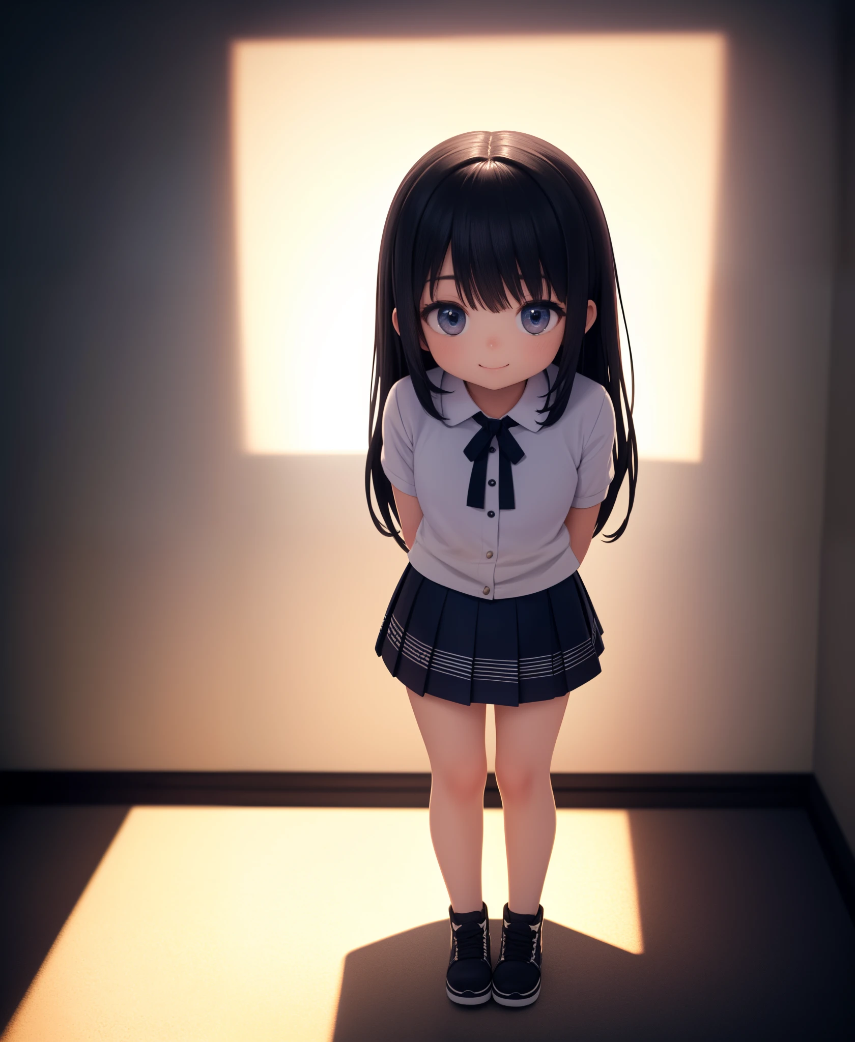 (full body, close portrait:1.5) anime illustration of a (little girl:1.2) (standing) with a (small miniskirt), (from above), (arms behind the back, cute tilted head:1.5), (long hair, long black hair, pretty face:1.2, cute smile), (most detailed illustration, high-quality, masterpiece:1.2, 8k full HD), (ecstasy of light and shadow, volumetric light and shadows:1.2), (contest winner illustration)