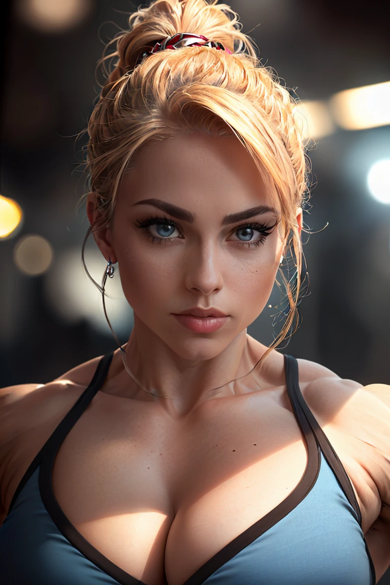 cleavage, bodybuilder, (sharp focus:1.2), portrait, ((posing)), (beautiful face:1.1), detailed eyes, luscious lips, ((skindentation)), (bright studio lighting:1.2), depth of field, bokeh, 4K, HD