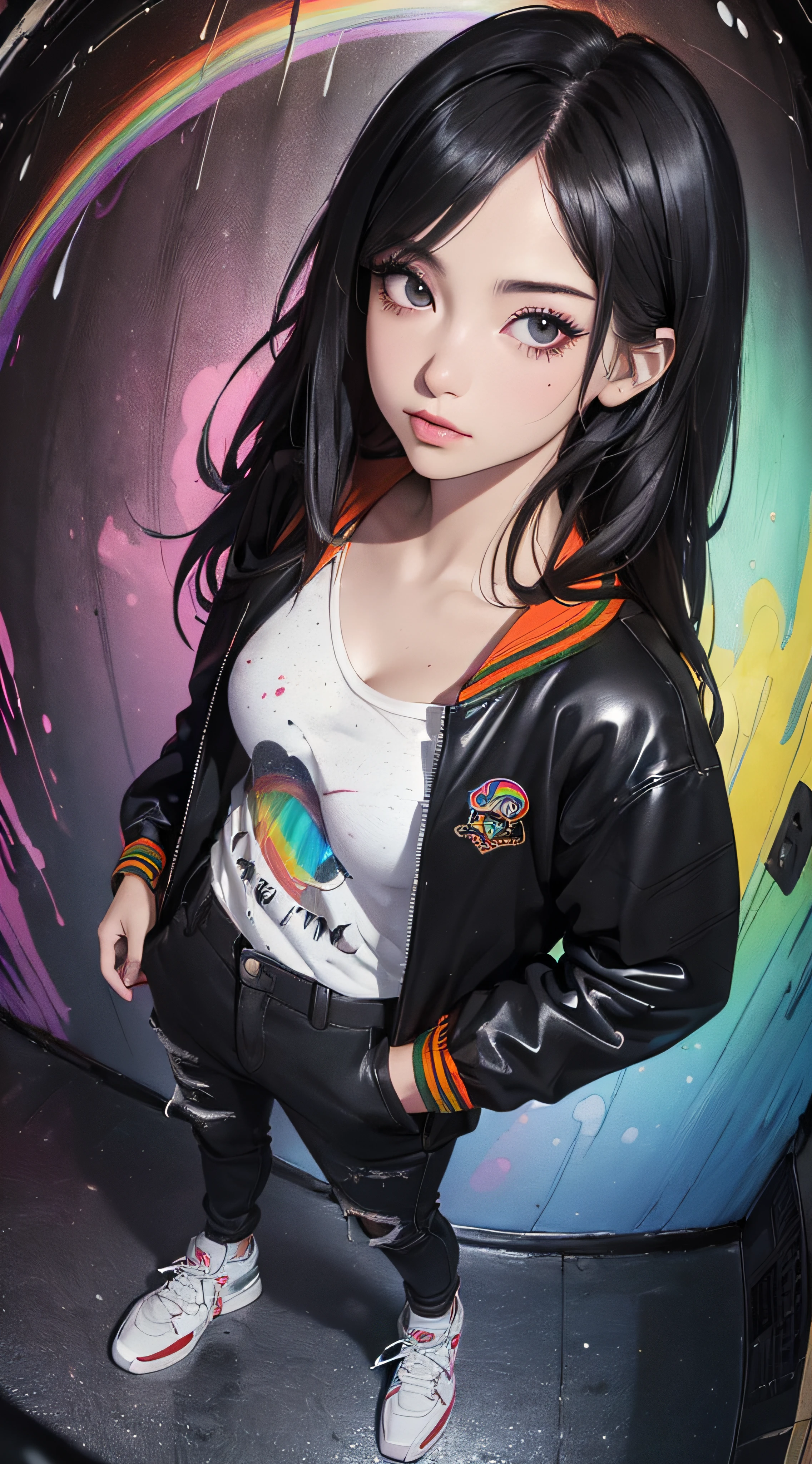 ((8k wallpaper of extremely detailed CG unit, ​masterpiece, hight resolution, top-quality, masutepiece)), ((a very beautiful woman, Hands in pockets:1.8, Rock Style Fashion, wearing a colorful jacket, Wearing pants, Wearing shoes)), ((extra detailed face, Highly detailed black eyes, Contrasting eyes, extra detailed body, Top quality real texture skins:1.2)), (A dark-haired, length hair, de pele branca), ((rainbow paint wall)), (high-angle:1.1, Fisheye:1.3), hyper realisitic, digitial painting,