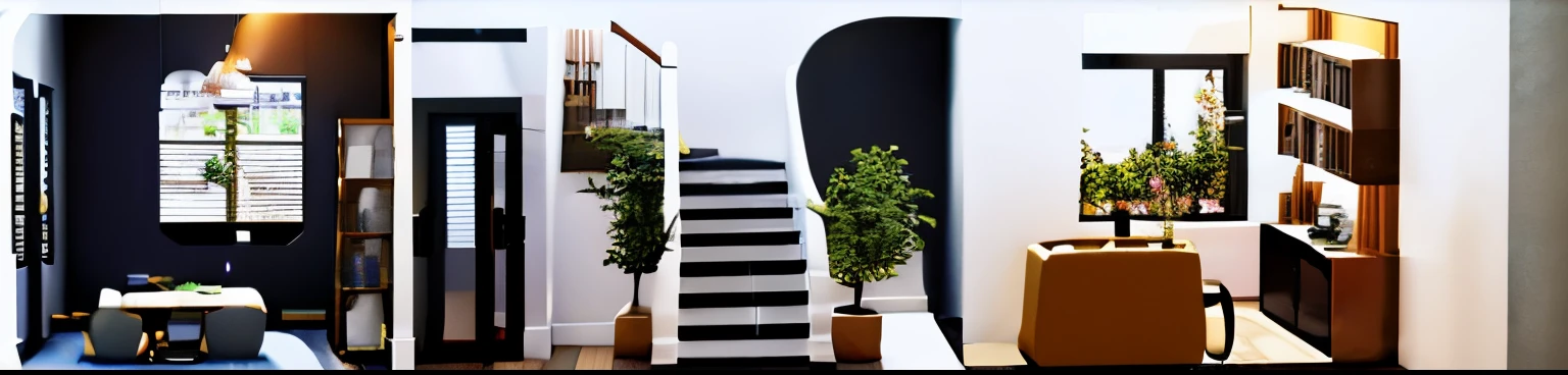 a rendering of a living room with a staircase and a kitchen, rendered 3d model, 3d rendered model, 3 d rendered, 3d rendered, highly rendered!!, pre-rendered, detailed 3d render, detailed 3 d render, stairs and bookshelves, 3d final render, detailed render, a 3D render, physical based render, oc rendered