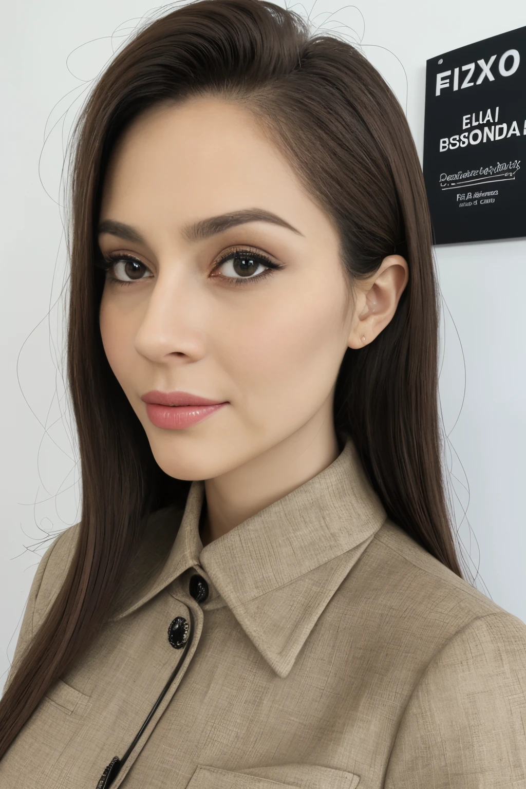 1 mulher adulta, cabelo comprido, cabelo cacheado, cabelo cor preto, pele suave, olhos castanhos, sorrir, vegetation, Occasional, Businesswoman style clothes, blaser marrom claro, realista, com fundo em um restaurante chique, 8k super realista, super detalhado e realista