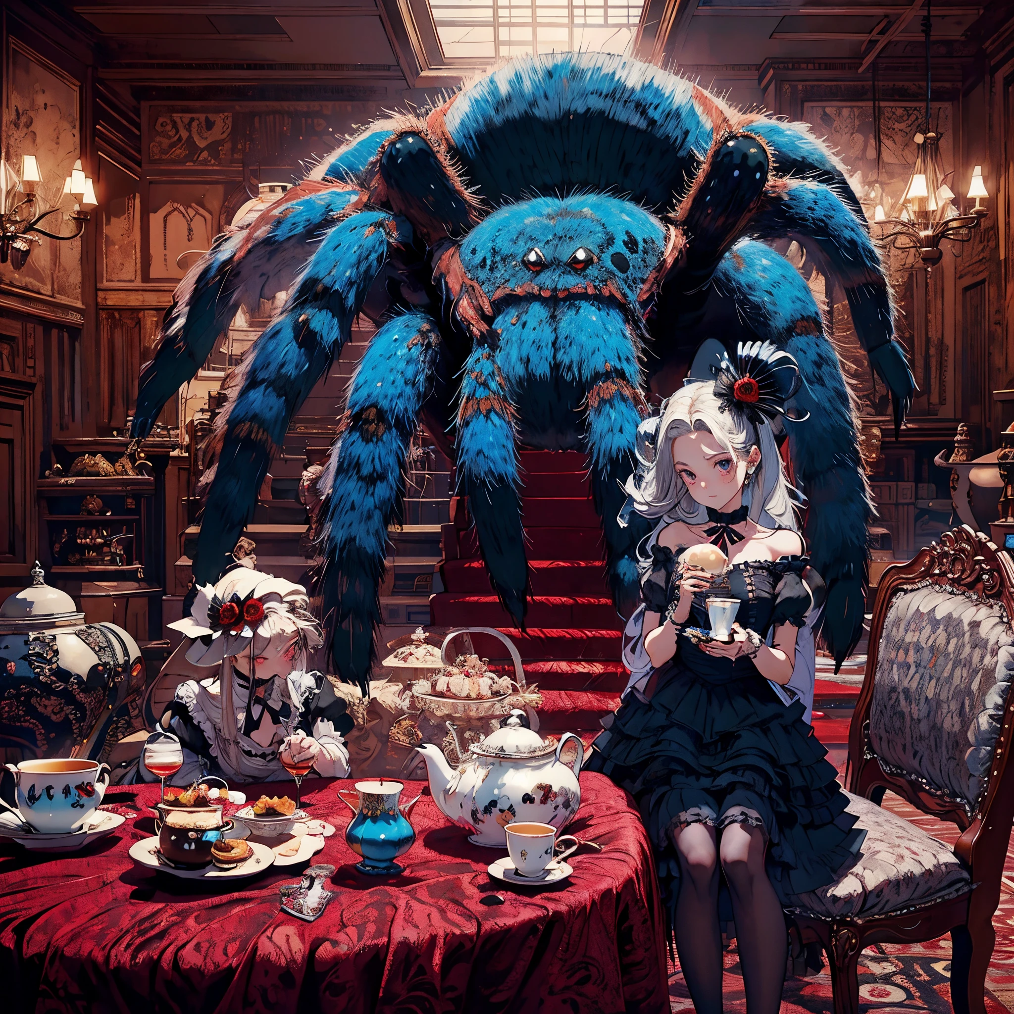 A girl and a big tarantula. A black and blue glossy tarantula. The girl's eyes are red. Tea party. Inside the mansion.