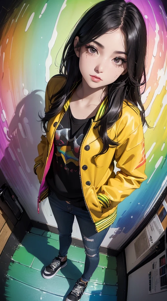 ((8k wallpaper of extremely detailed CG unit, masterpiece, hight resolution, top-quality, masutepiece)), ((a very beautiful woman, Hands in pockets:1.8, Rock Style Fashion, wearing a colorful jacket, Wearing skinny jeans, Wearing shoes)), ((extra detailed face, Highly detailed black eyes, Contrasting eyes, extra detailed body, Top quality real texture skins:1.2)), (A dark-haired, hair messy, de pele branca), ((rainbow paint wall)), (high-angle:1.1, Fisheye:1.3), hyper realisitic, digitial painting,