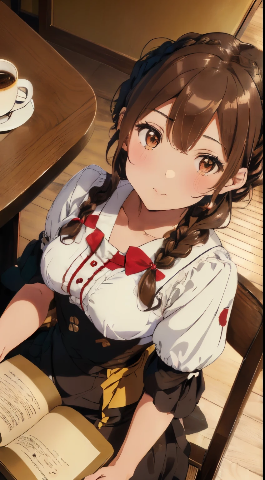 fluffy hair,Brown hair,((Braided shorthair)),Slightly red tide,((Brown eyes)),(A coffee shop with a Showa retro atmosphere),((siphon or coffee cup)),(A counter with a warm and modern atmosphere),((Meiji period～Showa era waitress)),(maid clothes),(White headdress),((Sit in a chair and read a book)),Staring at me,(Pin Heel Shoes),((Perspective from above)),I&#39;m staring at you with a strange look on my face,(poke one&#39;Hold your head with one hand),((close up))