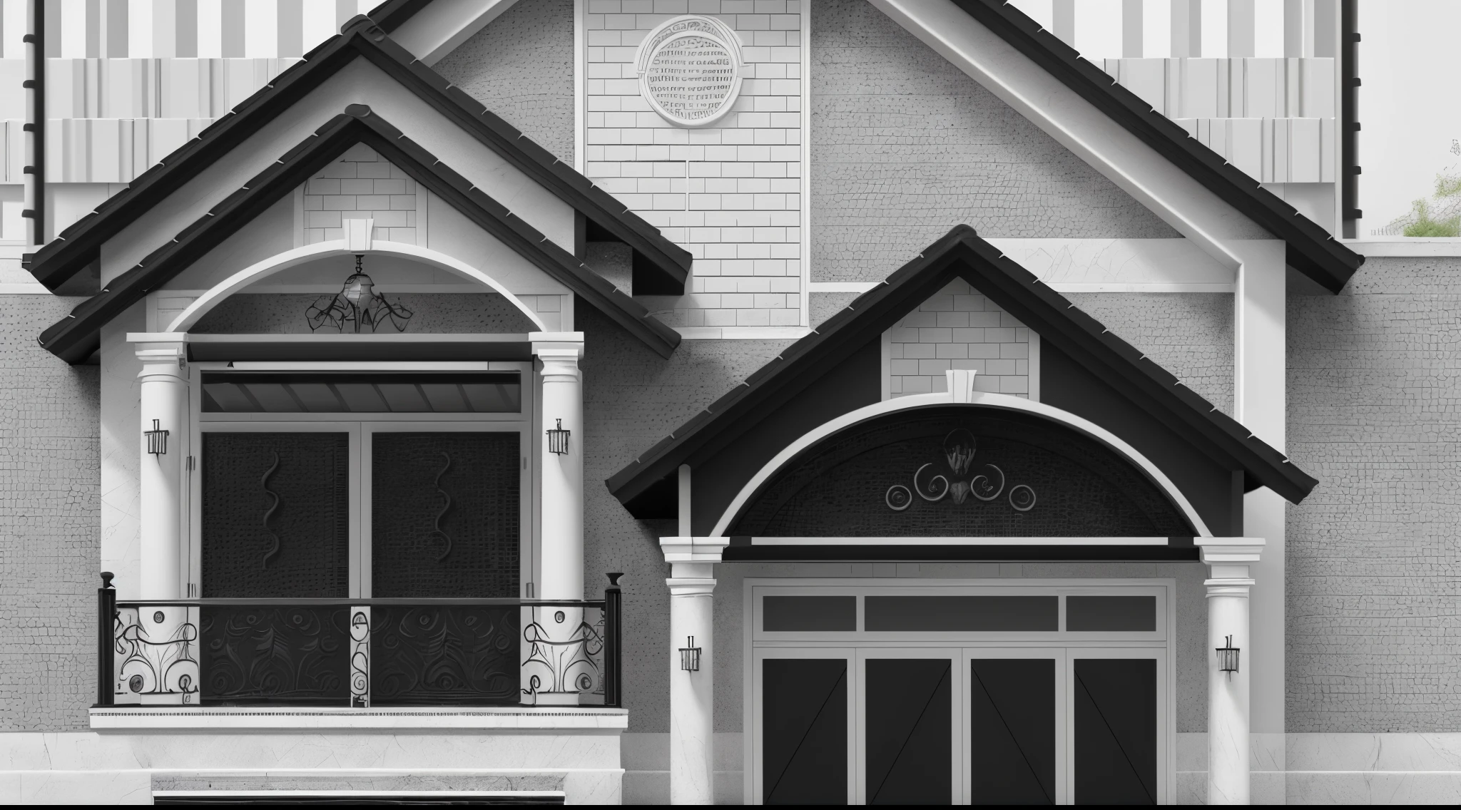 Neoclassical design, beautiful architecture, round column decoration with gray + rattan imitation marble paint, white + black brick background, white + cream + gray painted walls, black artistic iron railing, tiles black, gray decorative brick facade, gray painted aluminum door, good resolution.