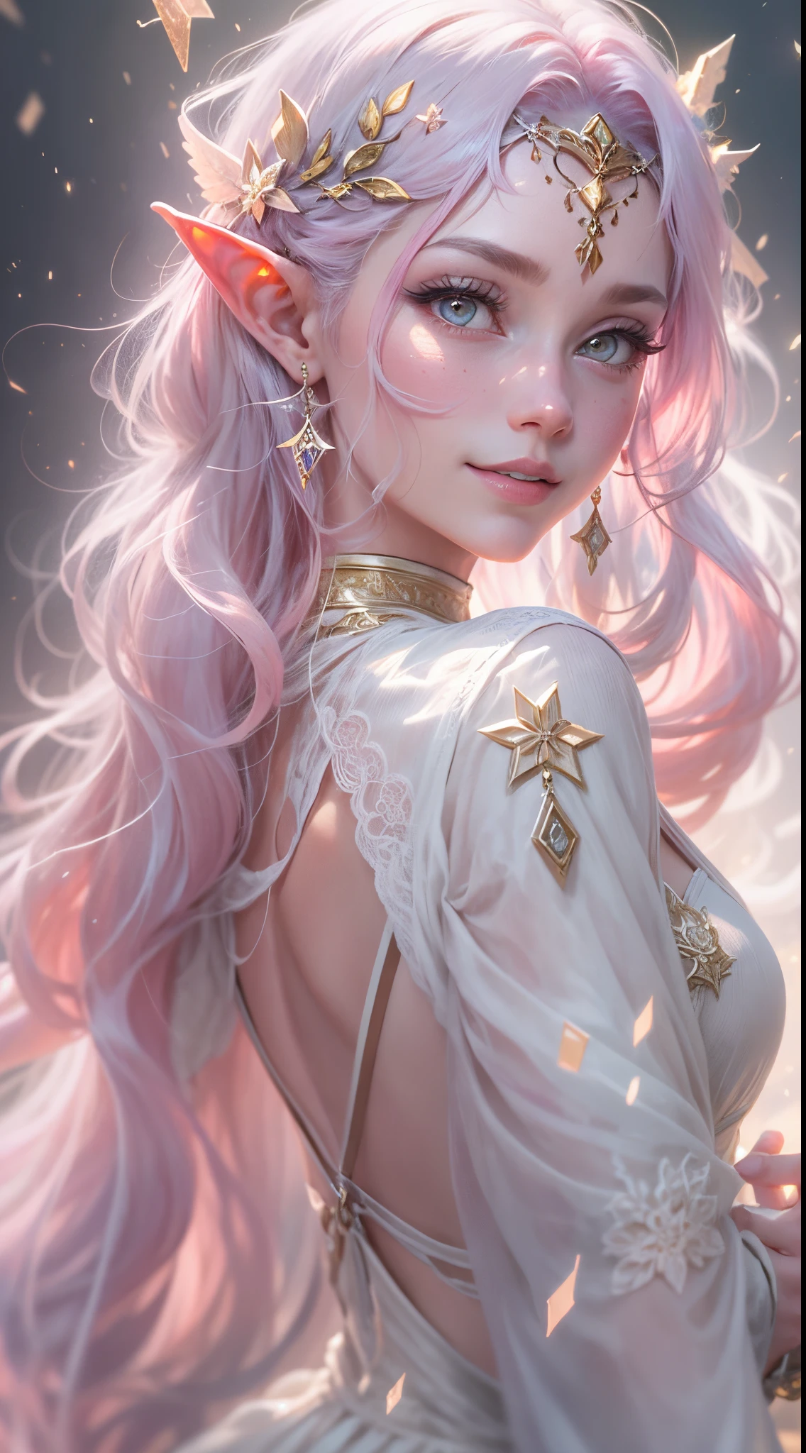 elf girl (rose quartz SU-Elza frozen Disney Tinker waifu blending models .) (ultra fusion of white and pink hair) CG Unity 8k highly detailed wallpaper, Style shot, complex, high detail, dramatic, Highest quality film still image, Very detailed, Masterpiece, Best quality, Character design, Elza, Elsa the frozen,Pink Diamond fusion (( Dark style)), ultra detailed and realistic rendering style, Natural light, sharp Character design, (hard focus, 8k), (((natural skin texture))), 8k textures, soft cinematic lighting, adobe bright room, dark room, HDR, sophisticated, Elegant, rich detail, Sharp focus look) )), soothing tones, Detail frenzy, intricate detail, super detail, low contrast, SoFt film lighting, Soft colors, Exposure blending, HDR, De-focus, 35mm, f/1.4, THEY ARE LIKE THIS, f 16, 25 seconds.