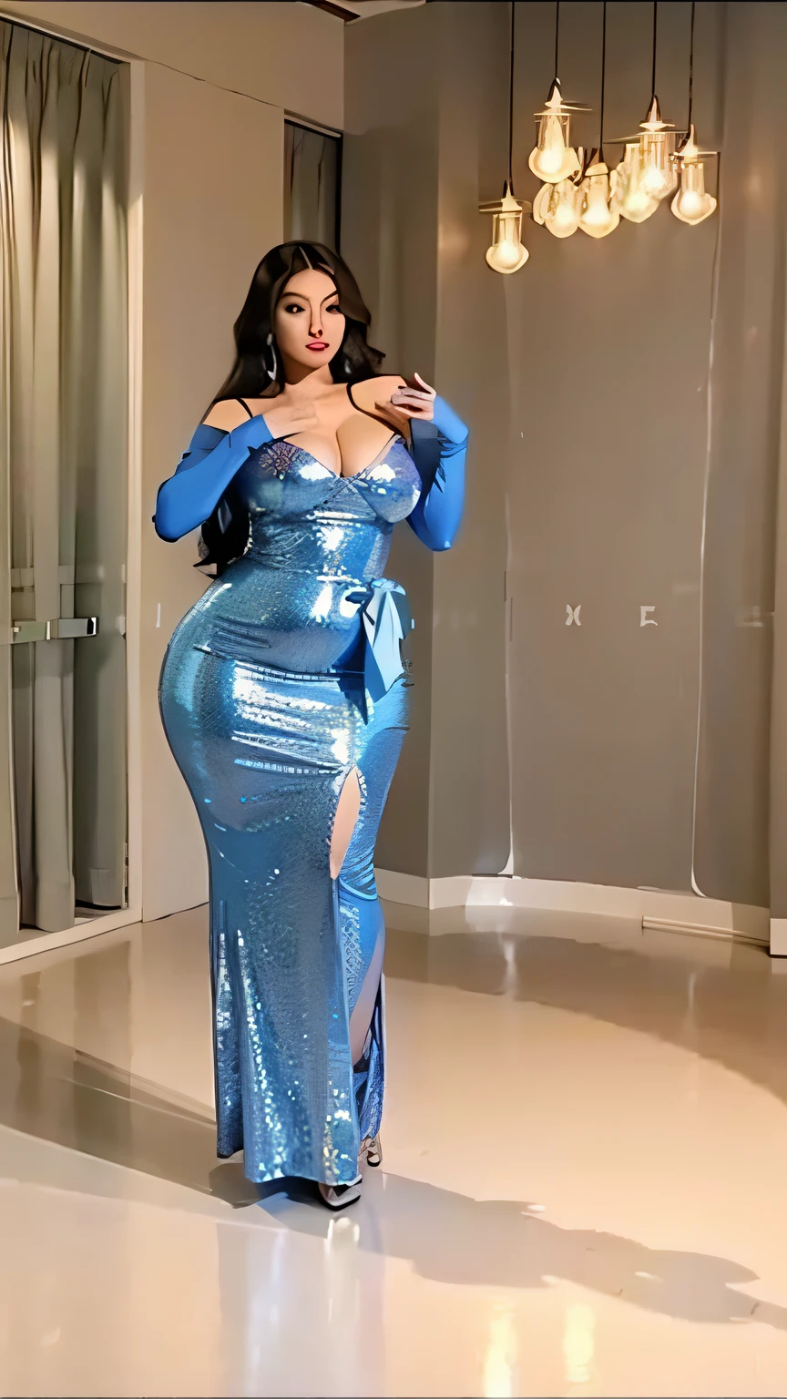 a woman in a blue dress is standing in a room, nicki minaj curvy, curvy hourglass figure, hyperrealistic full figure, on a mannequin. high quality, she has a jiggly fat round belly, curvy and bow, cardi b, in a dress, statue of the perfect woman, curvy figure, real life size, put on a mannequin