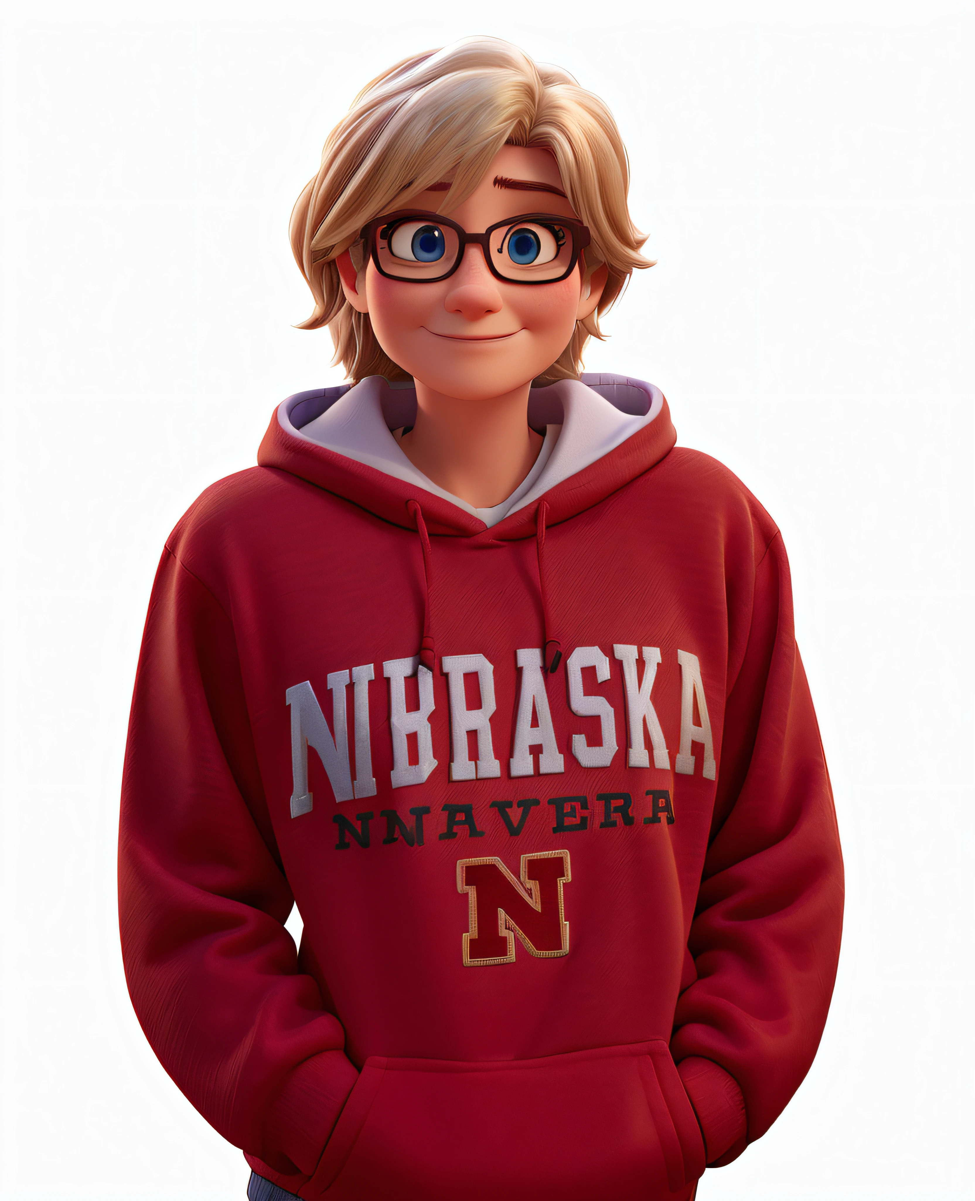 Make Pixar, red Nebraska Huskers hoodie, black glasses, blond hair, older lady, blue eyes