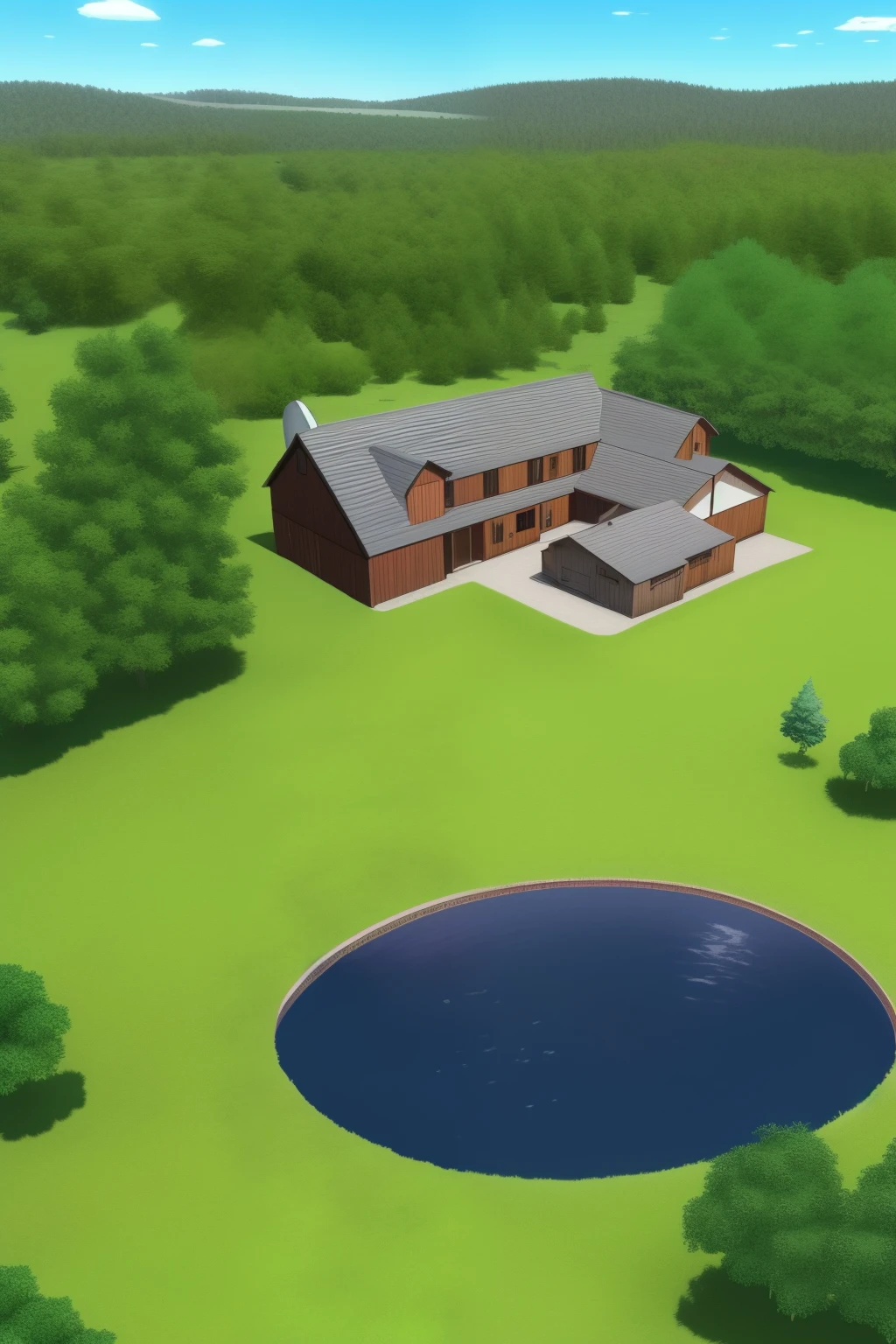 Create a farm with a pasture area and a very green and wild forest. There is a large main house on the site, with gourmet area and swimming pool. In the pasture, a beautiful gray horse is a stream that runs through the site