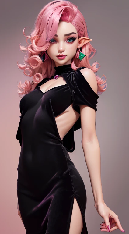 1girl, bare shoulders, ((((ultra-short black velvet dress)))), (((pink hair))), (((emerald color eyes))), cleavage, earrings, elf, flat,((((small chest)))), ((((flat chest)))), ((big ass)), ((((small breasts)))), ((((flat breasts)))), lips, lipstick, (((long curly hair))), looking at viewer, makeup, medium breasts, pointy ears, red lips, solo, upper body