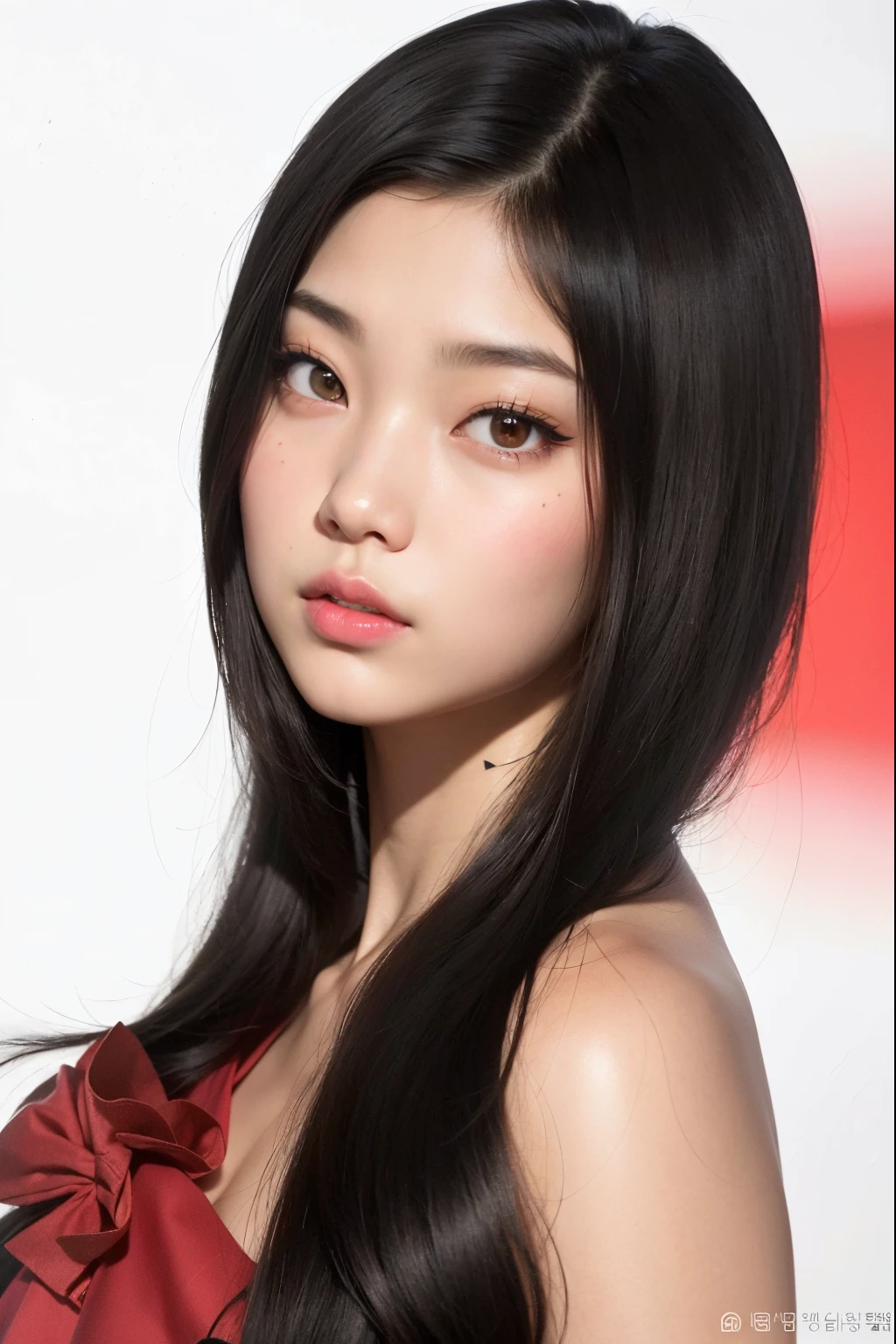 un primer plano de una mujer con cabello largo y negro y un vestido rojo, Blackpink Jennie, Retrato de Jossi de Blackpink, asian features, con cara redonda, Chica coreana, Jinyoung Shin, Hermosa mujer surcoreana, Asian face, maquillaje popular de Corea del Sur, Rasgos de la cara coreana, portrait of female Korean idol, south east asian with round face, ulzzang