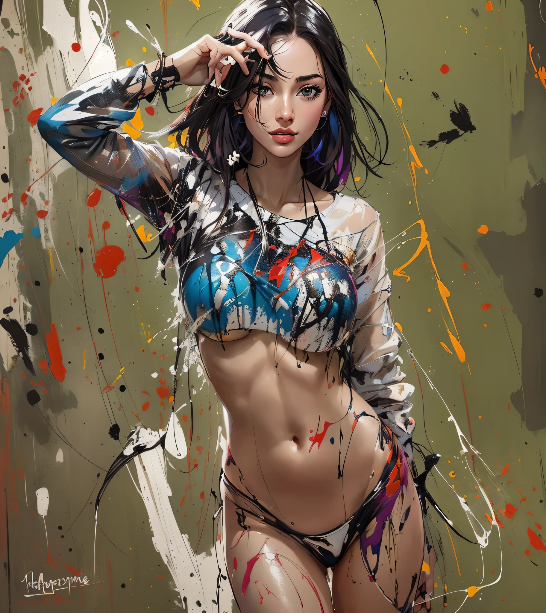 Cuadro de una mujer en bikini con salpicaduras de pintura en la pared., Hermosa obra de arte digital, Hermoso arte UHD 4 K, James Gurney estilo de pintura, beautiful comic art, deviantart artstation cgscosiety, [ Arte digital 4K ]!!, Karol behind UHD, Arte digital 4K altamente detallado, Artgerm colorido!!!