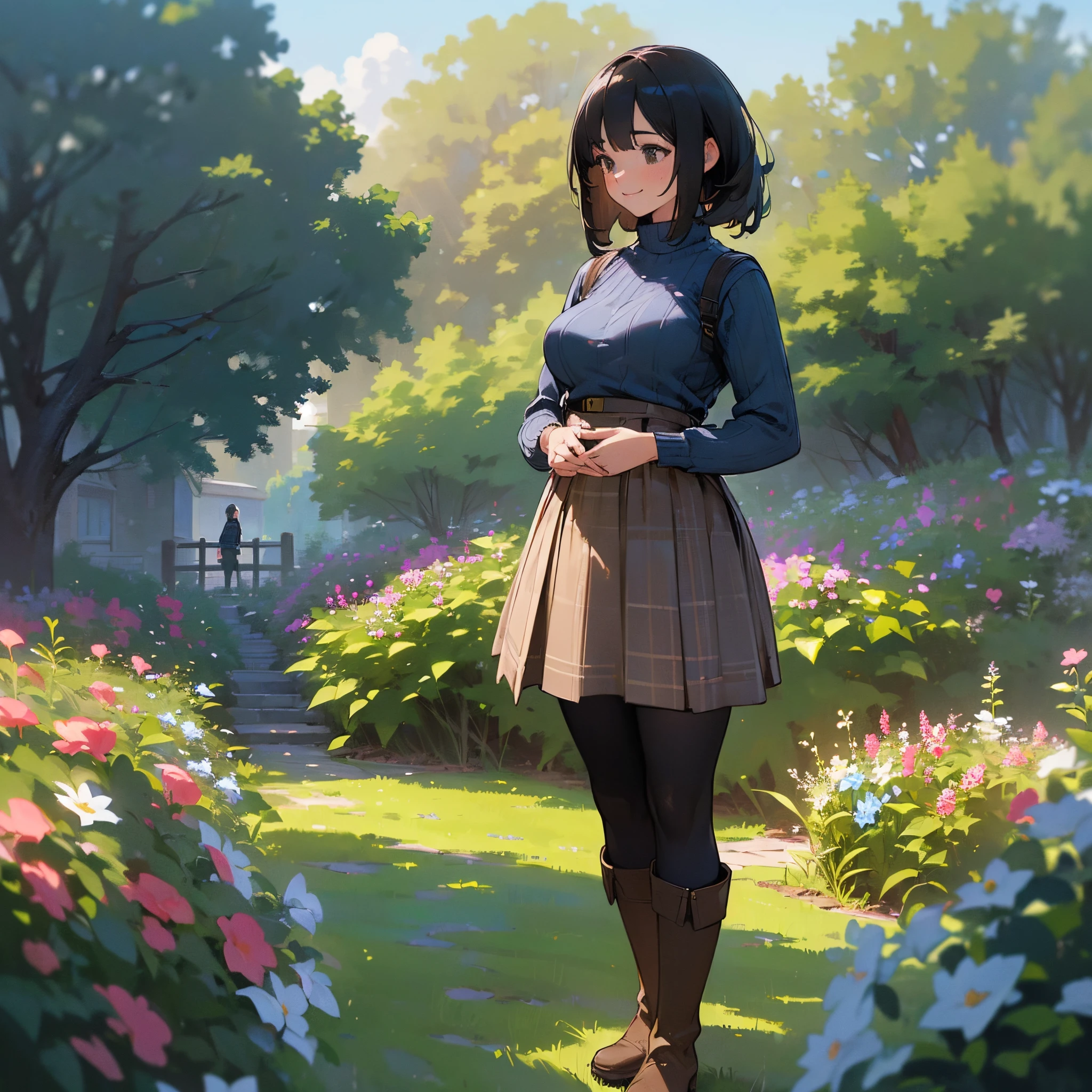 (High quality, High resolution, Ultra-detailed, Realistic:1.37), peaceful ambiance, (plein air, garden), Teenage girl standing alone, (My breasts are big.), Beautiful detailed features, Cute smile, (Black bob hair), Ribbed sweater, blue plaid skirt, Black tights, Brown boots.