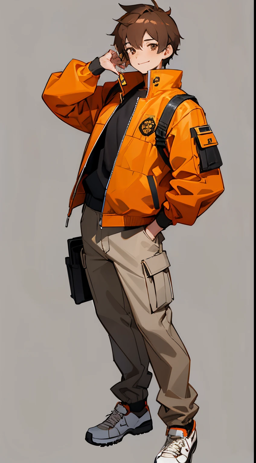 male teen,nge and black college jacket, brown cargo pants, white sneakers, brown hair, brown eyes, confident smile, anime style, 4k, Full white background, full body, standing, artwork