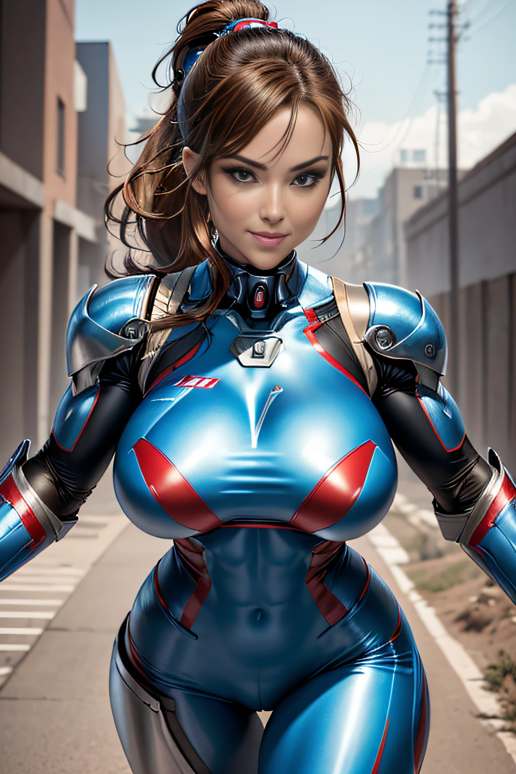 Textured skin, Super Detail, high details, High quality, Best Quality, hight resolution, 1080p, hard disk, Beautiful,(Iron Patriot),beautiful cyborg woman,Mecha Cyborg Girl,Battle Mode,Girl with a Mecha Body,mecha-armored,Fulll body Shot,Girl with a Mecha Body,She wears a futuristic combat cyborg mech,(Sharp Focus:1.2), Photo, attractive young woman, (Beautiful face:1.1), Detailed eyes, luscious lips, (smokey eye makeup:0.85), (large full breasts:1.3), (athletic bodies:1.5), Arafe woman solo with ponytail hair、Mischievous smile