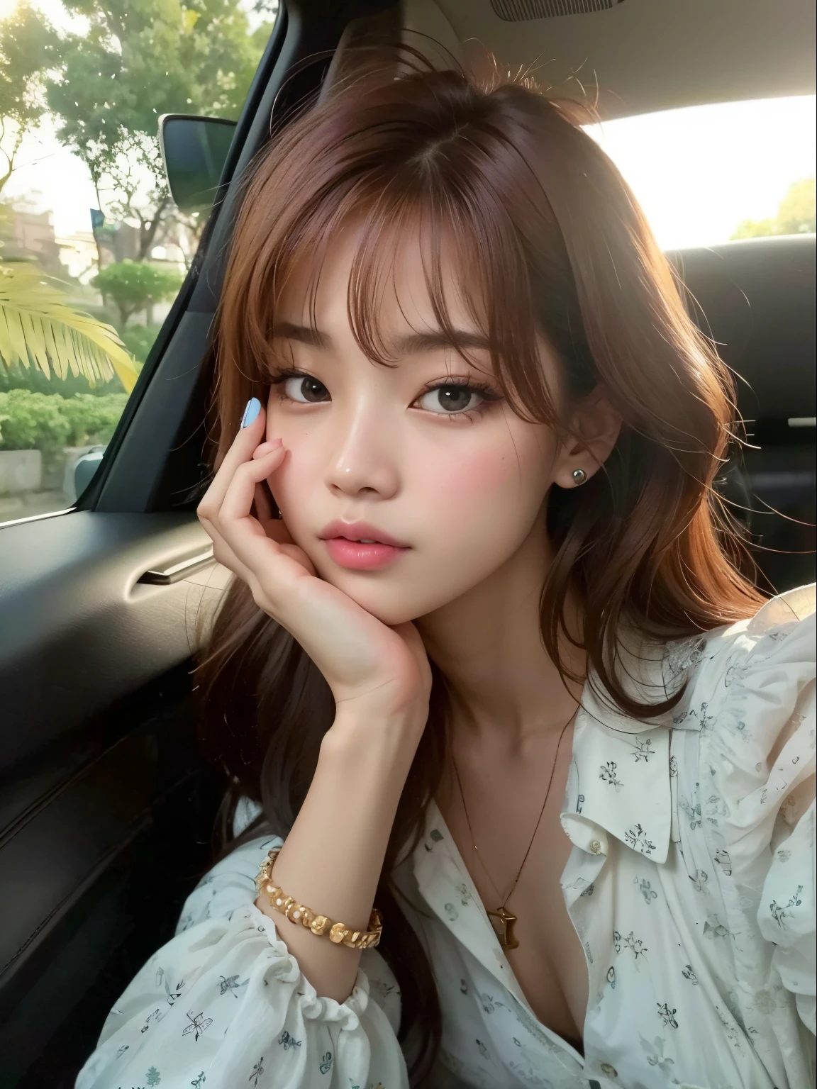 a closeup of a woman sitting in a car with her hand on her chin, Lalisa Manobal, Jinyoung Shin, Lalisa Manoban de Blackpink, ulzzang, con flequillo, Heonhwa Choe, Parque Roseanne de Blackpink, Parque Ji-min, Retrato de Jossi de Blackpink, Jossi de Blackpink, JIA, Sun Yunjoo