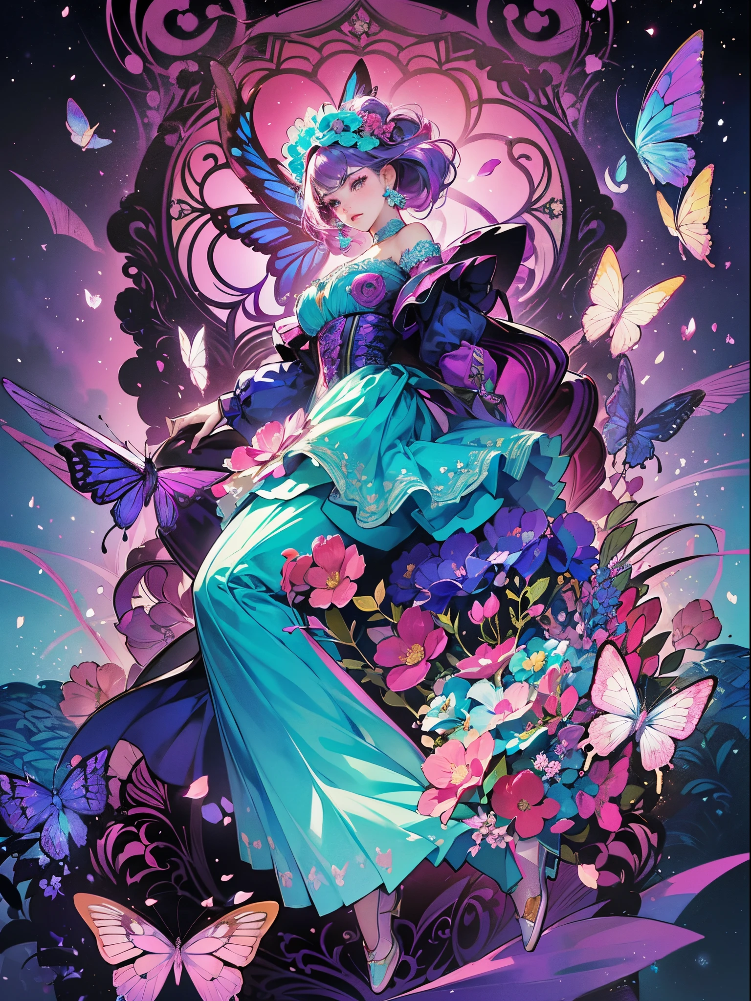 Butterfly motif、Magenta and platinum keytones、Vibrant colors、((​masterpiece)))、(((top-quality)))、((ultra-detailliert))、(A hyper-realistic)、(highly detailed CGillustration）、Official art、Paris at the beginning of the 20th century、Decadent、Madame Papillon、Cool Beauty、Masquerade、refinement、Elegance、Gorgeous、Masks that cover most of the face、Colorful and detailed mask design、matchless beauty、Fans、gorgeous dress、jewely、Female Solo、Perfect Angle、perfect-composition、full body Esbian