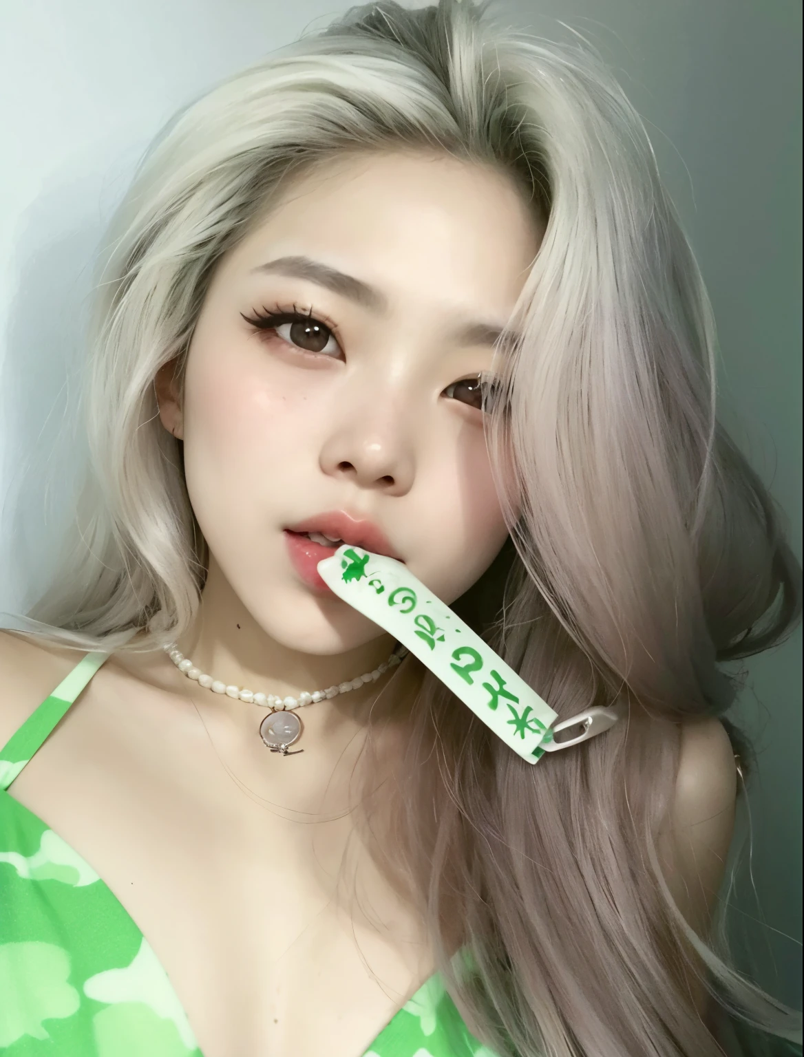 un primer plano de una mujer con un cepillo de dientes en la boca, maquillaje popular de Corea del Sur, Chica coreana, ulzzang, Tono verde claro hermosa cara, maquillaje coreano popular, Hermosa mujer surcoreana, Hermosa joven coreana, Labios claros y de alta calidad, Sakimichan, con pelo largo blanco, cruel korean goth girl, thin, pale lips, Hermosa joven coreana