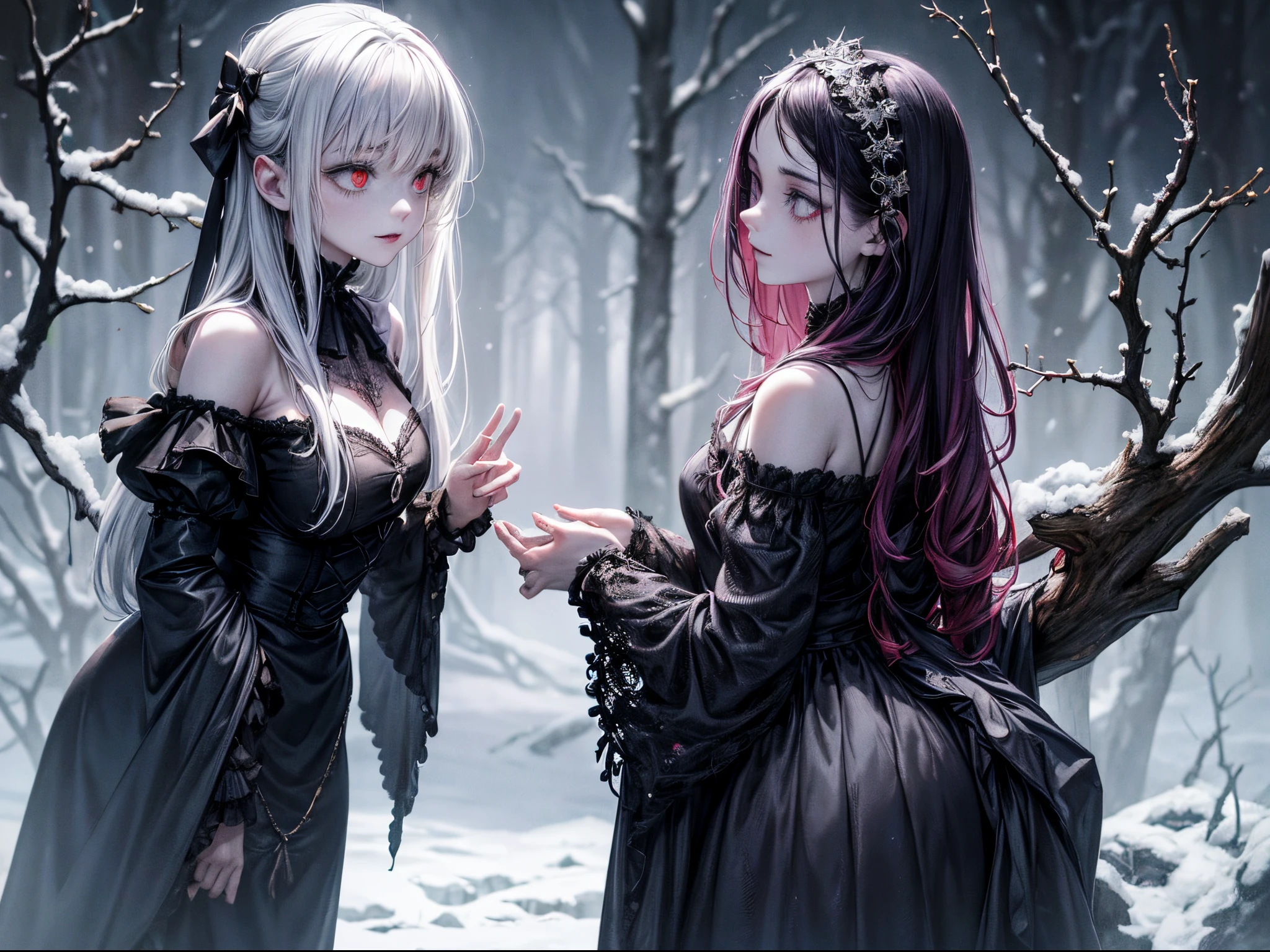 masterpiece,(bestquality),highlydetailed,ultra-detailed,cold,dark,snowy background, intense shadows, (vampiric atmosphere), (bloody red lips), (pale skin), (elegant poses), (mysterious vibes), (red nails), (rich Gothic fashion), (long flowing gowns), (red rose accessories), (haunting expressions), (glowing red eyes), (piercing gazes), (sharp fangs), (vampire bite marks), (ethereal beauty), (black lace), (glistening silver hair), (pale white hair), (sleek black hair with red highlights), (intricate hair rings), (half updo hairstyles), (hime cut hairstyles), (silky long hair), (matching black and white outfits), (twin vampires), (reflection on the water), (moonlight filtering through the trees), (ominous moon in the background), (dramatic lighting effects), (black eyeliner), (elegant posture), (graceful movement), (vampire hunters in the distance), (mysterious mist), (whispers on the wind), (long capes flowing in the wind), (dark magic), (an air of danger), (romantic ambience),