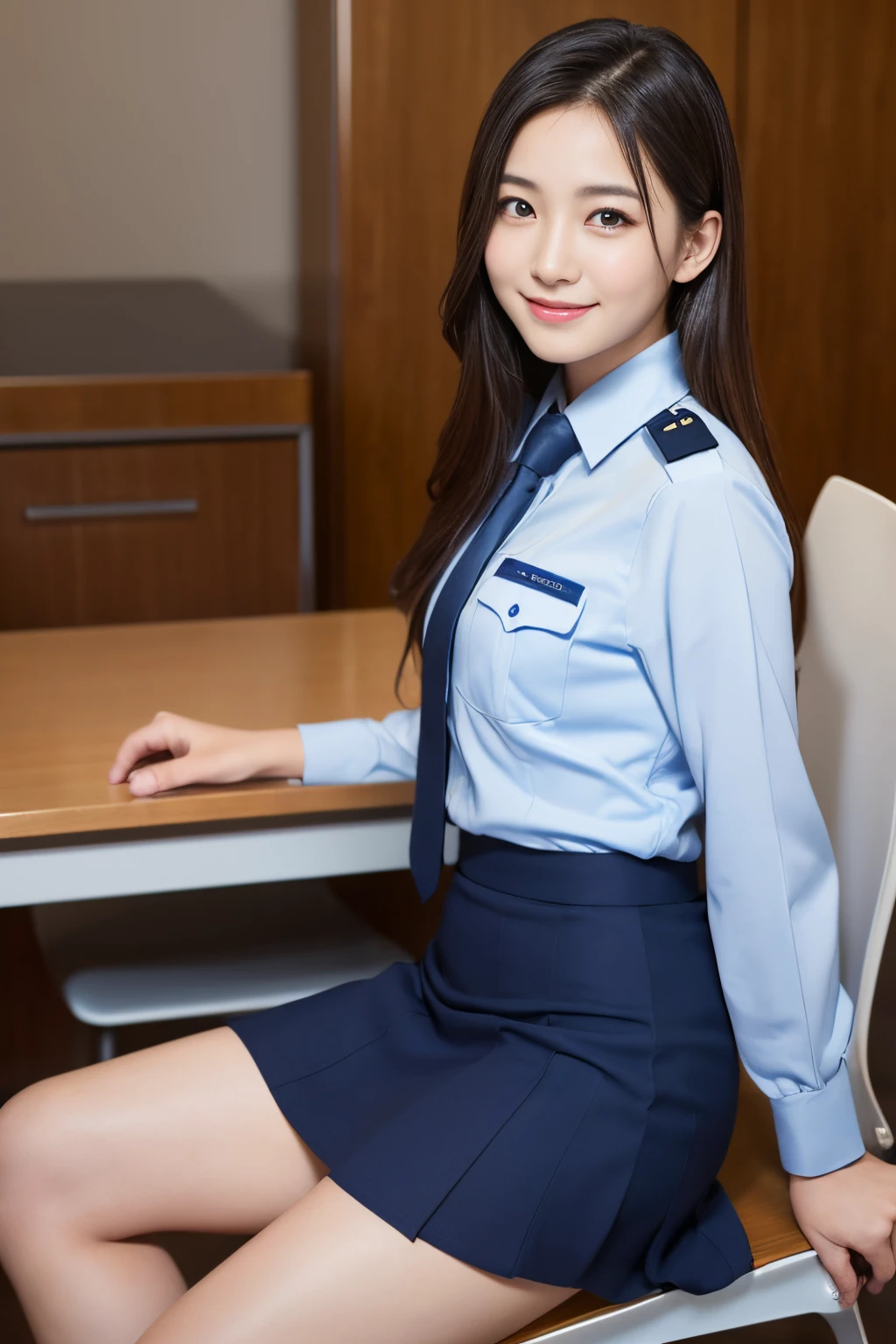 (8K、Raw photography、top-quality、​masterpiece:1.2)、(realisitic、Photorealsitic:1.37)、ultra-detailliert、超A high resolution、女の子1人、(beautifull detailed face、Golden Ratio Face、well-balanced eyes、二重まぶた,lipgloss)、Beautiful detailed skin、Skin Texture、Professional Lighting、Happy smile、View photographer､Uniformed women, tight skirts、wearing a police uniform and sitting on a chair, officer, girl wearing school uniform, Blue Uniform, bobby