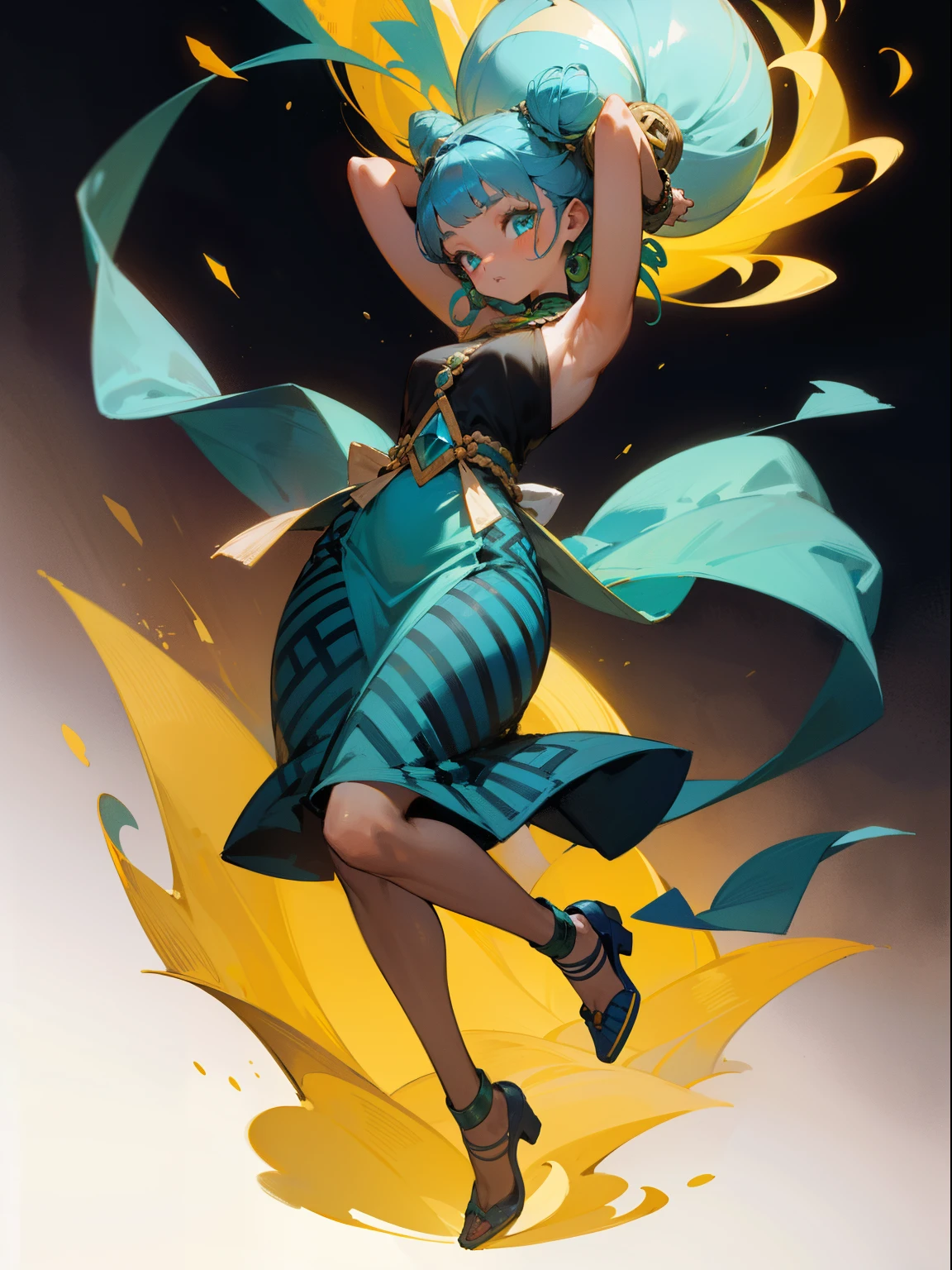 1girl, full - body, Young,short height, Dlrivery girl African, dark face blue lush hair gathered in a bun at the top of the head ,national African clothing turquoise dynamic pose