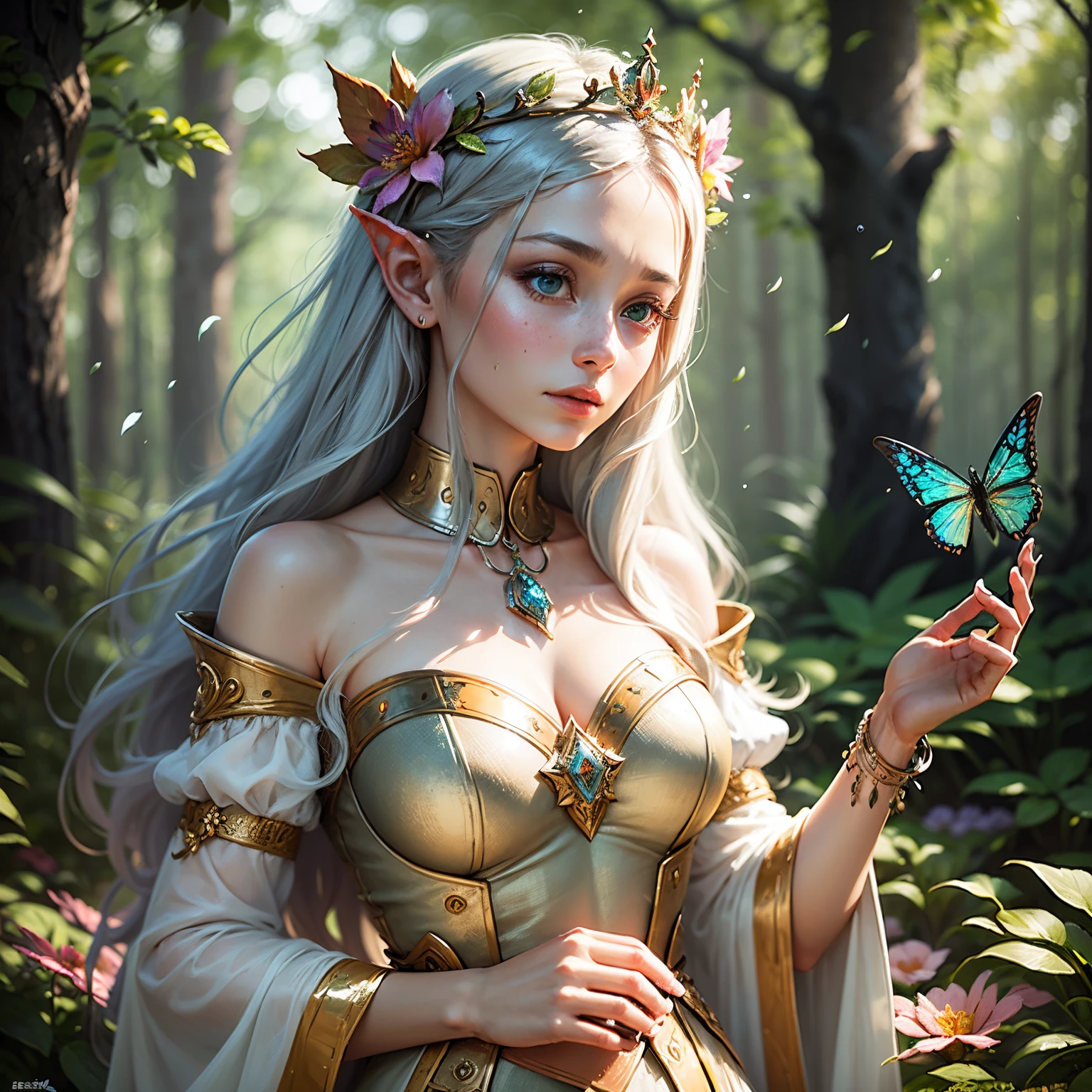 a flower tiara,rpg game icon,detailed 3D rendering,best quality,ultra-realistic,vibrant colors,bright sunlight,floral crown,long flowing hair,sparkling gemstones,delicate petals,enchanted forest,soft bokeh,lush greenery,fantasy themed,heroic stance,epic adventure,playful expression,mesmerizing details,majestic aura,exquisite craftsmanship,highres masterpiece,goddess-like beauty,elven queen presence,ethereal atmosphere,surreal ambiance,serene tranquility,fairytale inspired composition,eye-catching design,storybook magic,whimsical charm --auto --s2