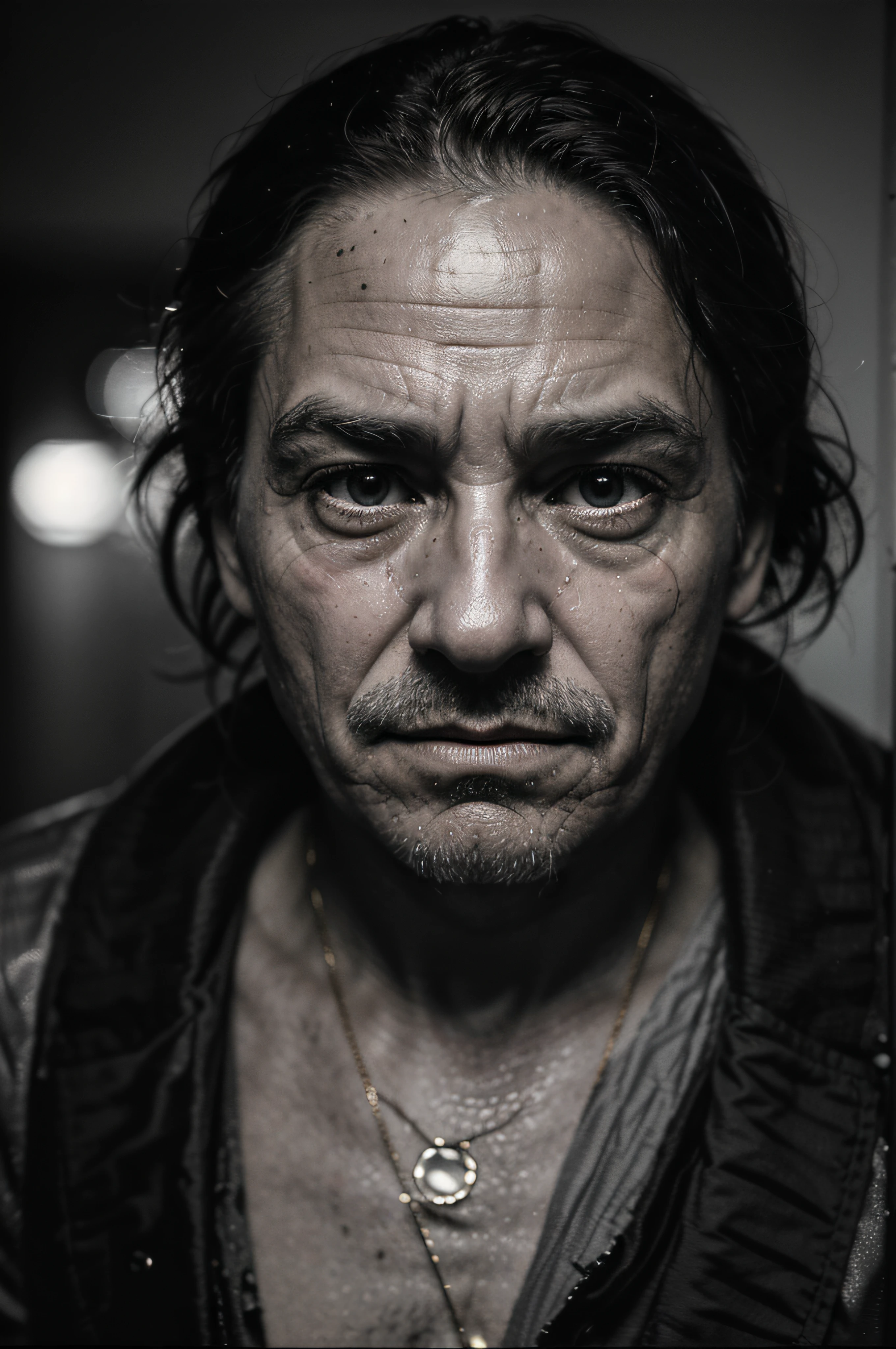 Weathered, a old man, Deep folds, Durable, weather-beaten, Aging appearance, Rough jawline, bushy beard, stubbles, Loneliness was engraved on his face, pensive expression, Strong gaze, A clear sign of a good life, Intricate web of scars and blemishes, Complex mechanical structures peep through damaged skin, Complex artificial nervous system, Intertwined wires and circuits, The eyes are filled with deep wisdom, Wrinkles are deeply etched, He was visibly tired of his facial features, Tears sparkled in his eyes, Surrealist depiction, Close-up view that emphasizes every detail, (b&Show on the, Monochromatic, Film photography:1.3),  Photorealistic, Hyperrealistic, ultra - detailed, film-noir, analogue style, hip is cocked, demure, low chest, Soft lighting, Subsurface scattering, Realistic, heavy shadow, Masterpiece, Best quality, Ultra photo realsisim, 8K, Golden ratio, Intricate, High detail, Film photography, Soft focus