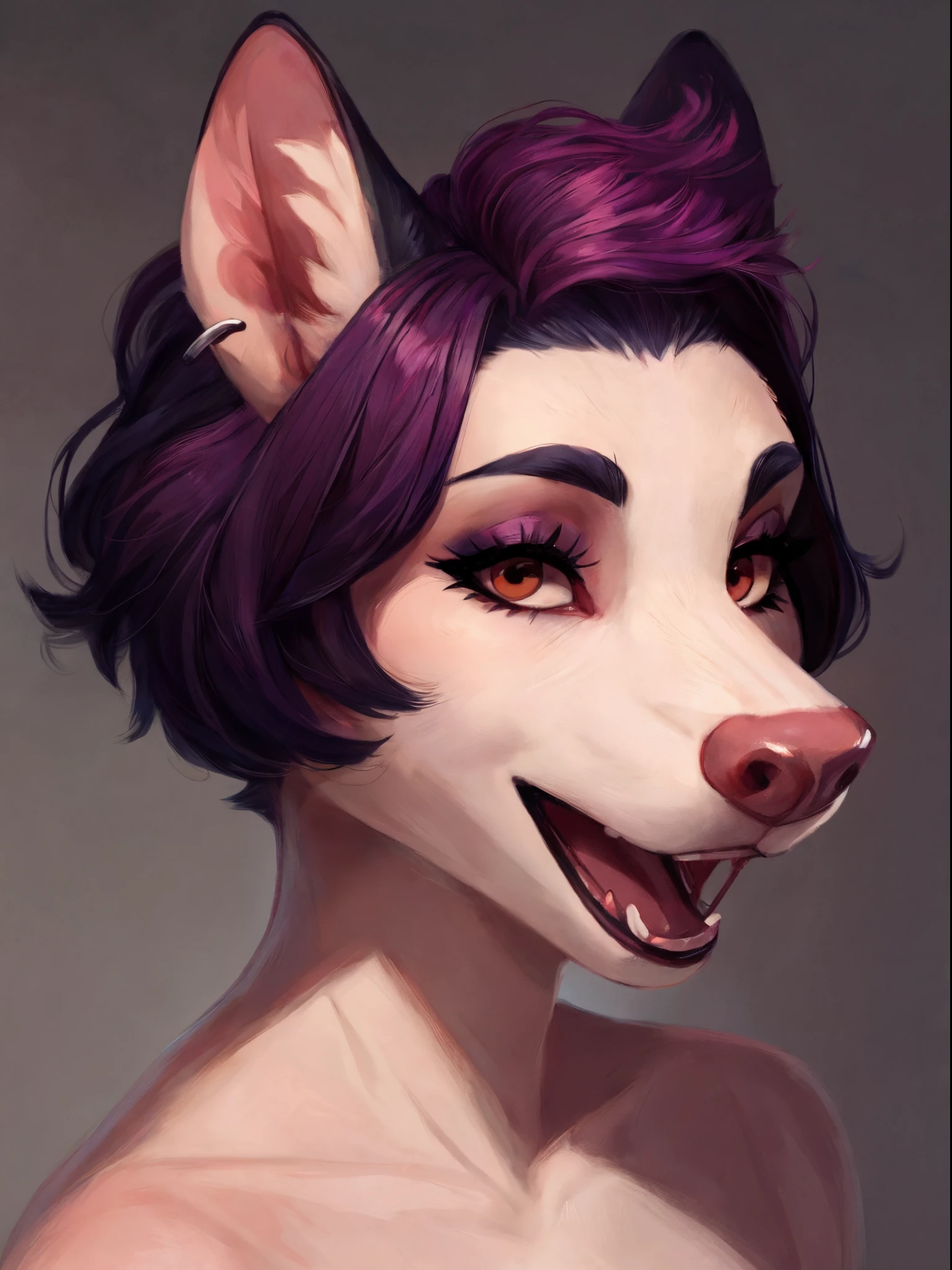 Solo, female, open mouth, facing viewer, by bebebebebe, borzoi, short hair, lipstick, dyed hair, eyeliner, eyelashes, big breasts, snout, nipples, nude, vagina