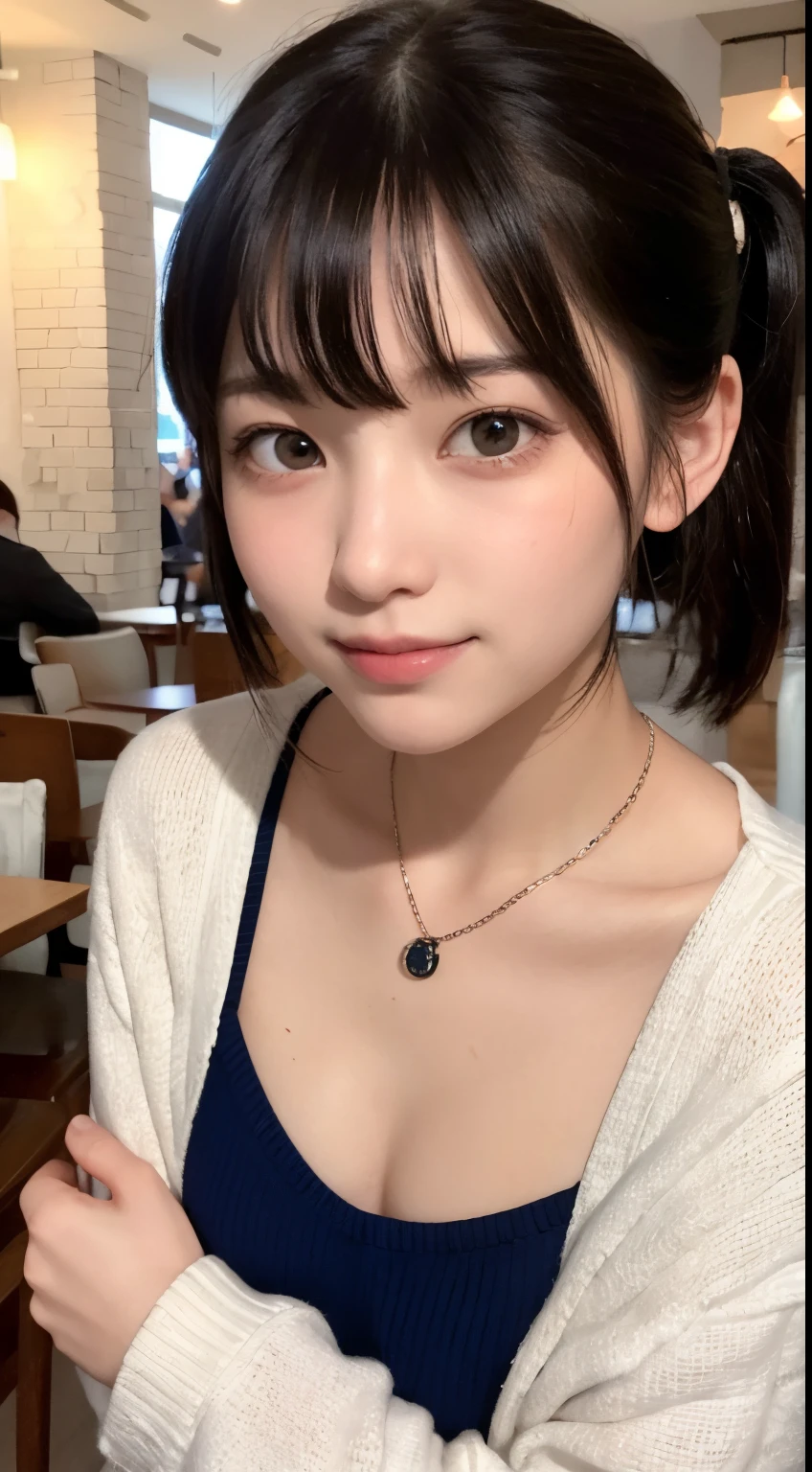 NFSW、masutepiece、masterpiece、1 girl in、(close up of face、cowboy shot)、Straight front view、japanes、very young cute woman、(The cutest girl in the world)、、Smaller face、large full breasts、Autumn knit jacket、Sheer inner、Chiffon skirt、Ultra-detailed costumes、Smiling in a café、Scrunchie、Thin necklace、Glamorous figure、hyper cute face、shiny lip、Double eyelids in both eyes、 natural make up、long eyeslashes、shiny smooth light brown hair、bangss、Short twin tail hair、asymmetrical bangs、image in center、8K分辨率、high détails、Detailed hairstyles、A detailed face、spectacular movie lighting、octane renderings、with a vibrant、Ultra-realistic、Perfect limbs、perfect anatomia