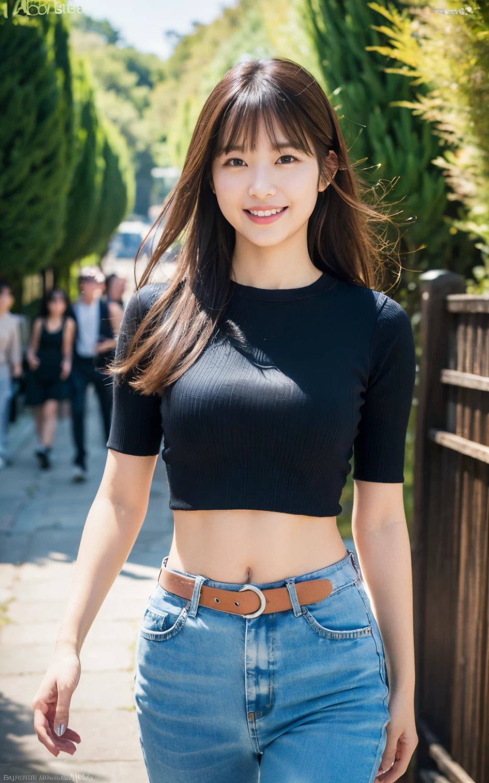 (8k, RAW photo, top quality, masterpiece: 1.2), (realistic, photorealistic: 1.37), ultra detail, ultra high resolution, pio apple, one girl, (smile: 1.2), beautiful detailed eyes, floating hair, bangs, skin texture, narrow waist, slim waist, (curve: 0.4), belly buttons, legs, movie lighting, professional lighting, light face, park, with dog, walking, sideways