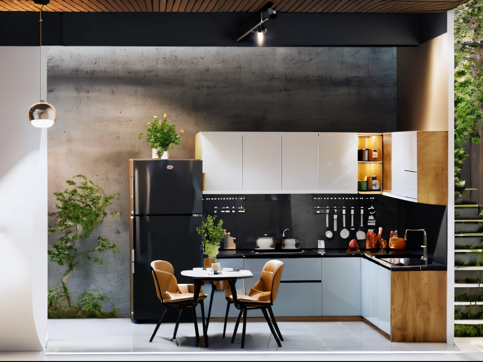 a drawing of a kitchen with a table and chairs in it, orthographic 3d rendering, 2 d render, pre-rendered, sketch - up, small kitchen, comprehensive 2 d render, 3/4 view realistic, 3 d rendering, 3d rendering, rendered, kitchen, 3d rendered, 3 d rendered, 3 - d render, d render, concept drawing