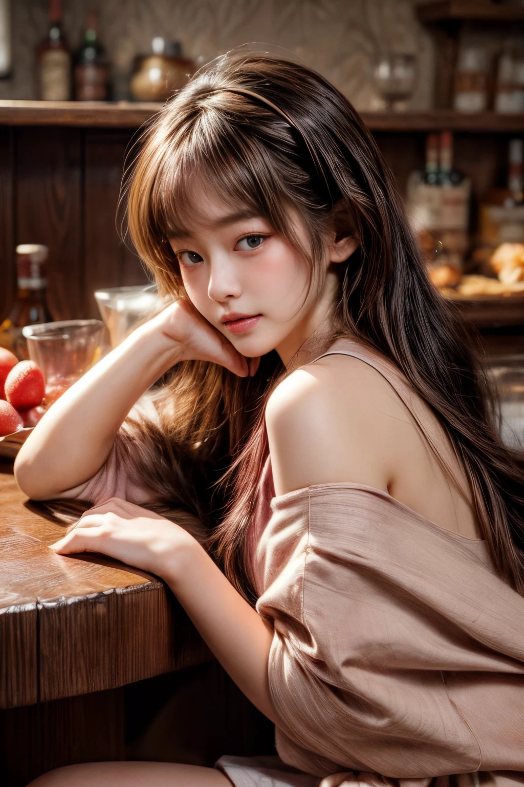 masterpiece、8K、32K、top-quality、(A detailed eye)、(A cute Japanese woman、bangss)、23years old、1 girl in、elegent、(Detailed background depiction、portlate:1.2)、(blushed face、sleepy、ssmile:1.5)、Be undress、(a bar counter:1.3)、sit a chair、(food and alcohol on the table:1.4)、cowboy shot、thighs thighs thighs thighs、(Angle from the side:1.3)