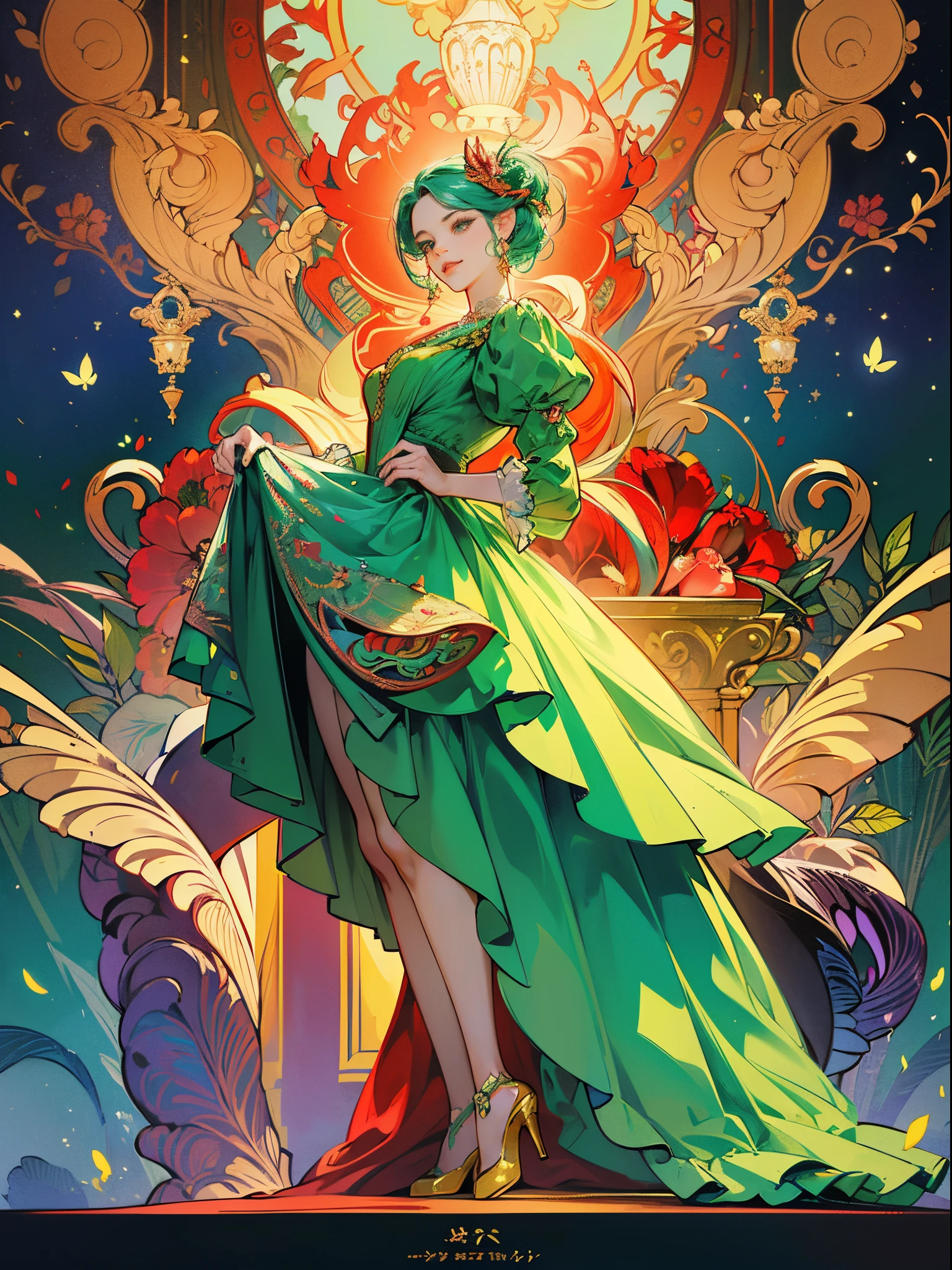 Butterfly motif、green and red tones、Vibrant colors、((masterpiece)))、(((top-quality)))、((ultra-detailliert))、(A hyper-realistic)、(highly detailed CGillustration)、Official art、Paris at the beginning of the 20th century、Decadent、Madame Papillon、Cool Beauty、Masquerade、refinement、Elegance、Gorgeous、Masks that cover most of the face、Colorful and detailed mask design、matchless beauty、Fans、gorgeous dress、jewely、Female Solo、Perfect Angle、perfect-composition、full body Esbian