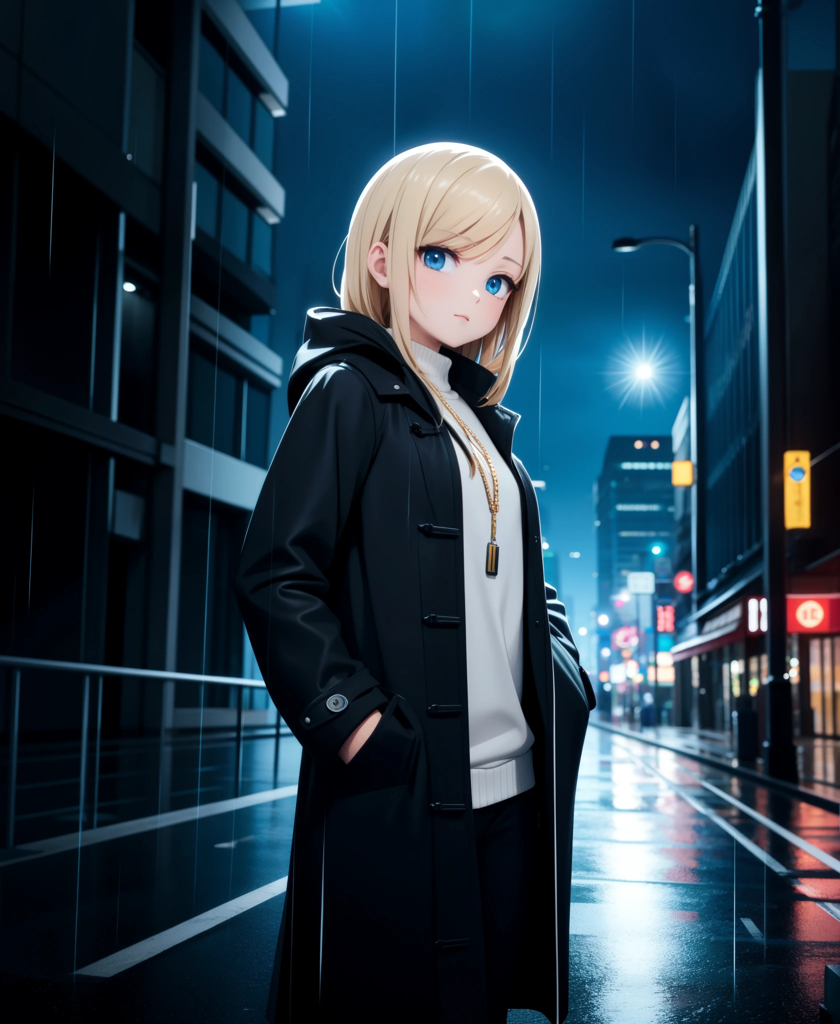 model shoot style, digital anime illustration, close portrait, 1girl, night city, rain, coat, hands in pockets, best quality:1.4, masterpiece:1.3