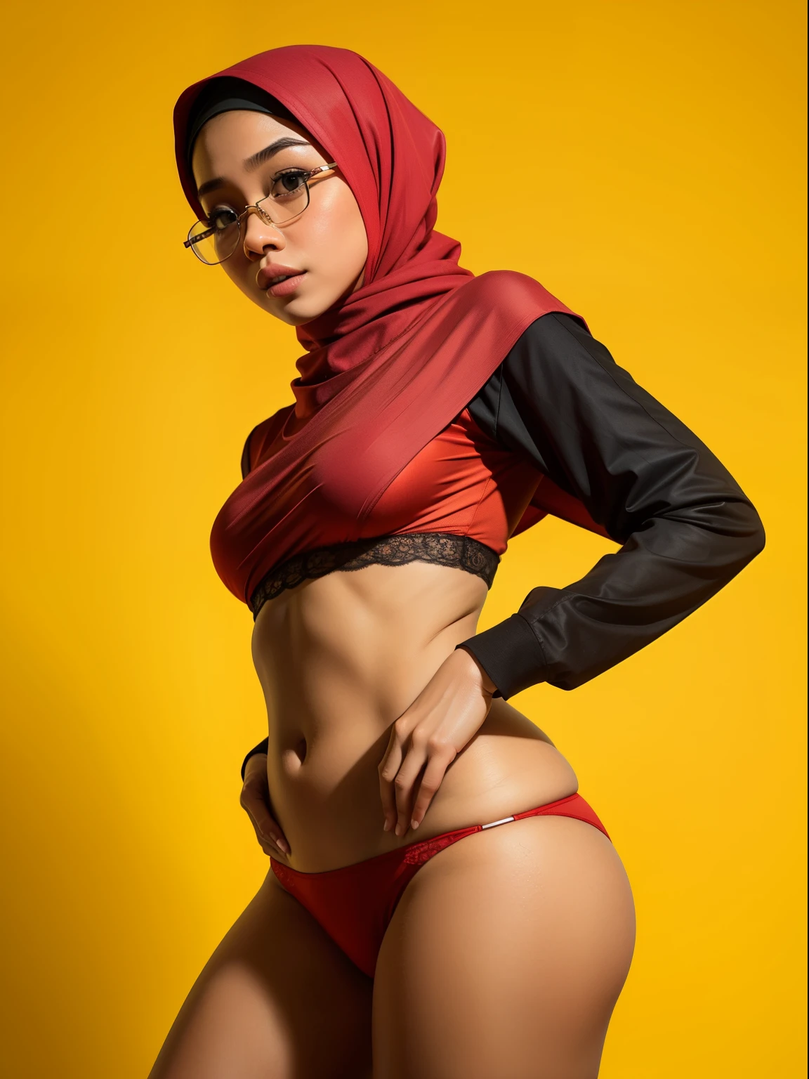 Malay woman in a red bra and panties in front of a yellow background, glasses, headshot profile picture, hijab, mira filzah, full portrait, on a yellow canva, portrait, portrait shot, photo of young malay woman, photo of a woman, potrait, full shot portrait, in yellow background
