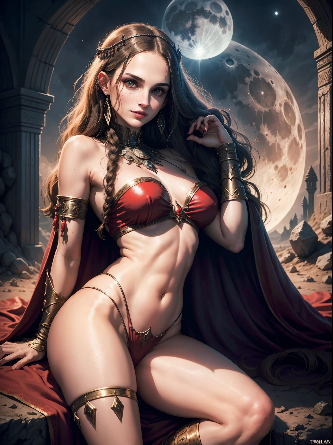 1970's dark fantasy heavy metal disc cover. natalie portman as a red priestess girl. gentle smile. (Moon night desolation). freckles. slender and beautiful. intricate detail